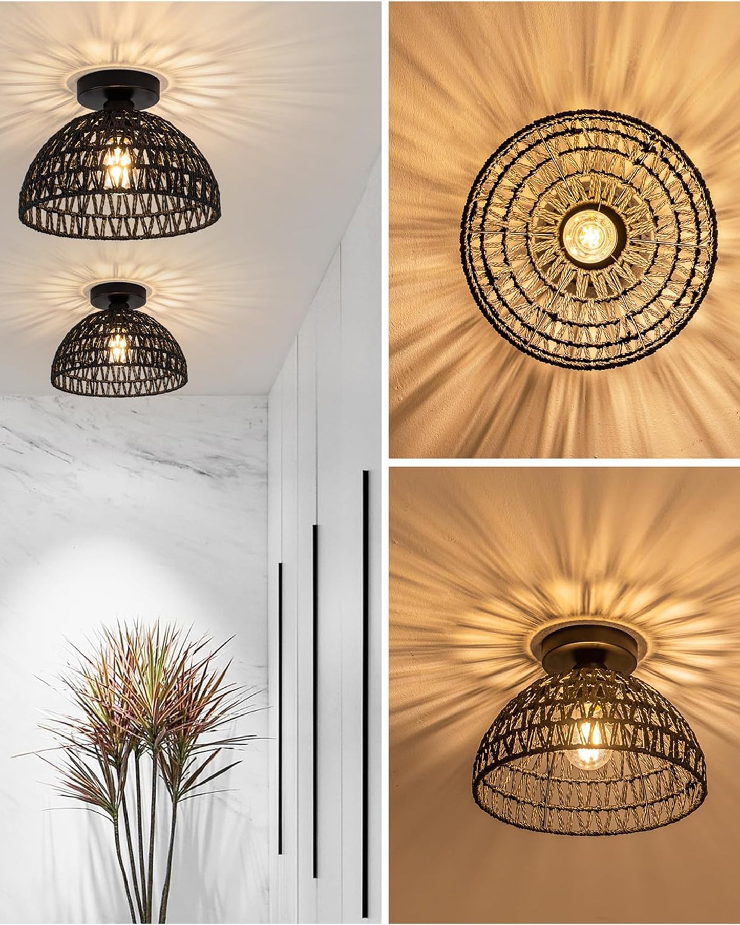 Rattan Light Fixtures Ceiling Light, Handmade Woven Cage Boho Light Fixture 11" Semi Flush Mount Light Fixture Coastal Ceiling Light for Hallway Kitchen Entryway Farmhouse Living Room