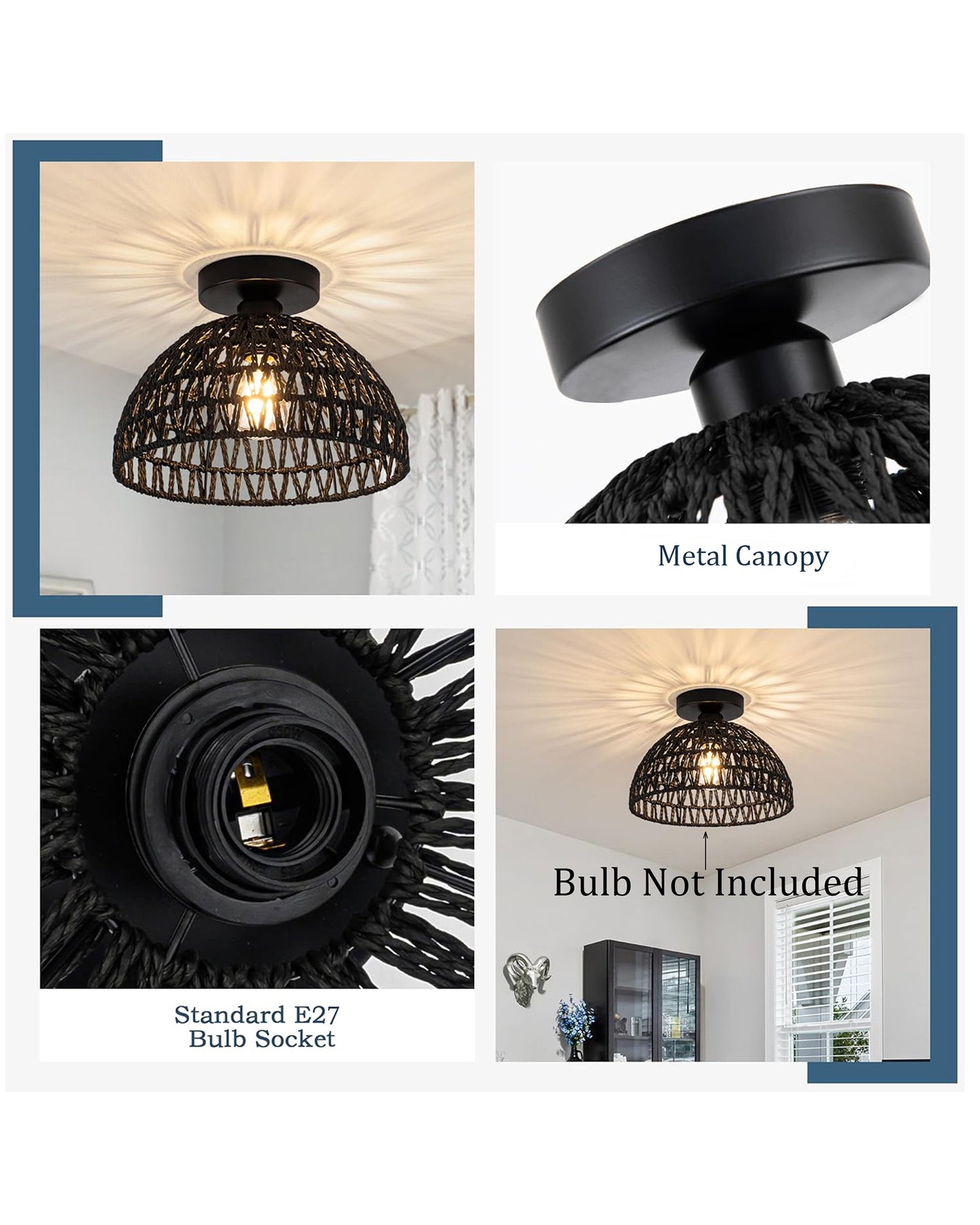 Rattan Light Fixtures Ceiling Light, Handmade Woven Cage Boho Light Fixture 11" Semi Flush Mount Light Fixture Coastal Ceiling Light for Hallway Kitchen Entryway Farmhouse Living Room