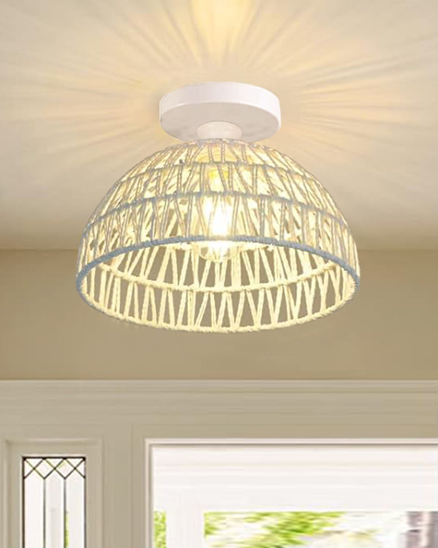 Rattan Light Fixtures Ceiling Light, Handmade Woven Cage Boho Light Fixture 11" Semi Flush Mount Light Fixture Coastal Ceiling Light for Hallway Kitchen Entryway Farmhouse Living Room