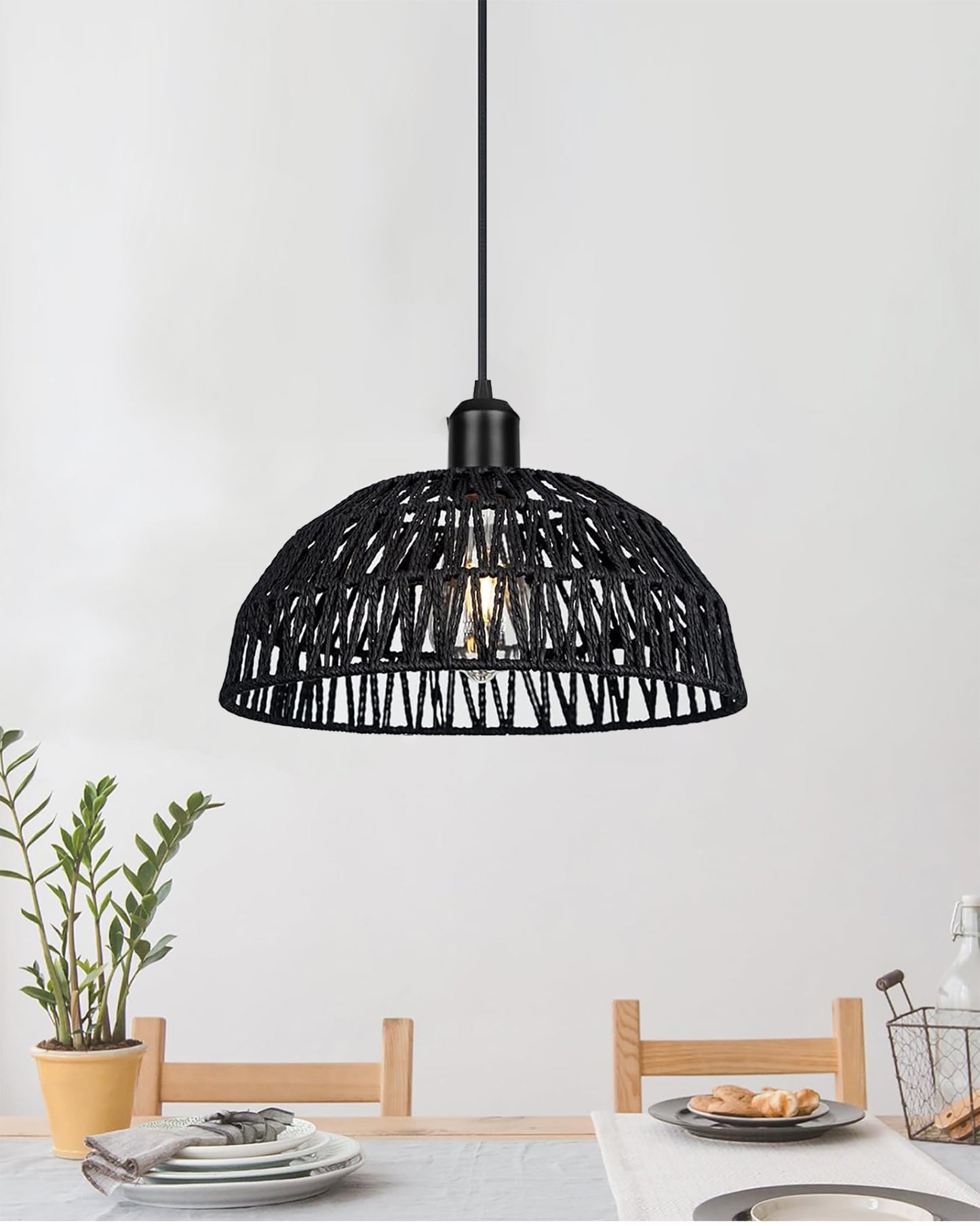 Woven Boho Macrame Pendant Light, Boho Hanging Lamp Kitchen Island, Farmhouse Coastal Wicker Adjustable Chandeliers Basket Light Fixture for Dining Room Kitchen Island.