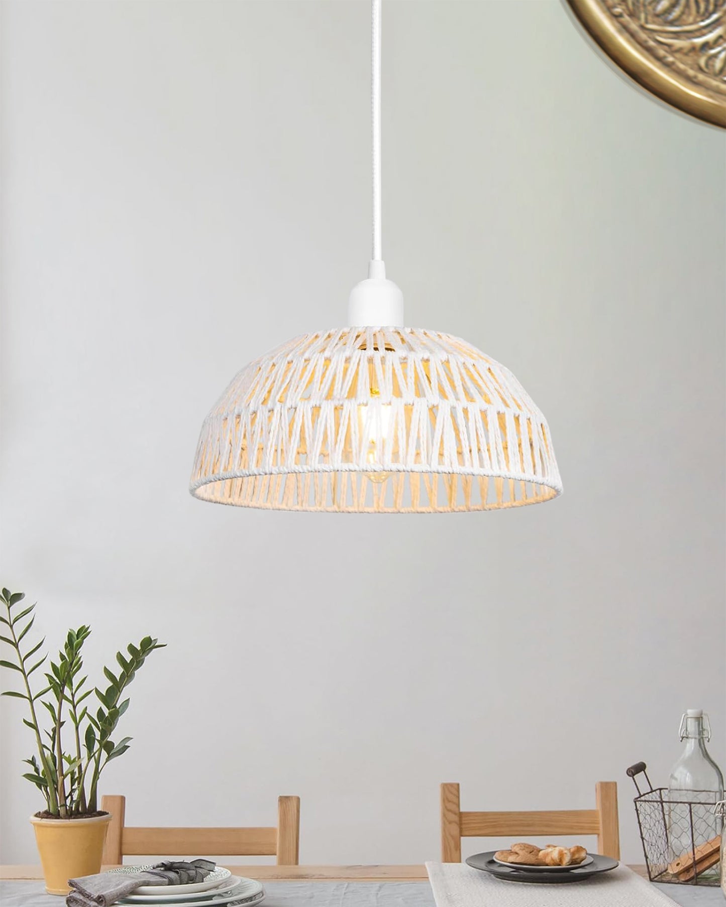 Woven Boho Macrame Pendant Light, Boho Hanging Lamp Kitchen Island, Farmhouse Coastal Wicker Adjustable Chandeliers Basket Light Fixture for Dining Room Kitchen Island.