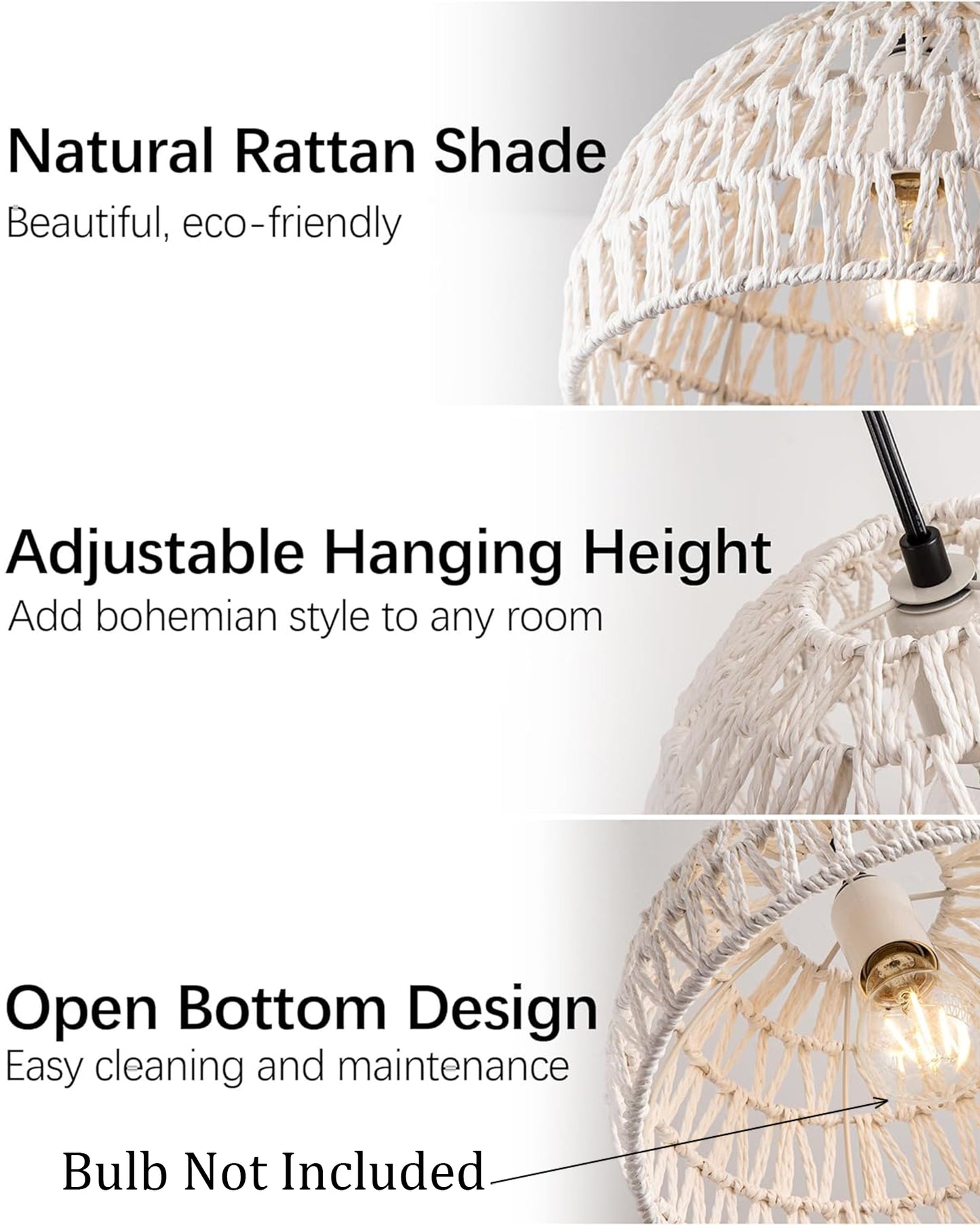 Woven Boho Macrame Pendant Light, Boho Hanging Lamp Kitchen Island, Farmhouse Coastal Wicker Adjustable Chandeliers Basket Light Fixture for Dining Room Kitchen Island.