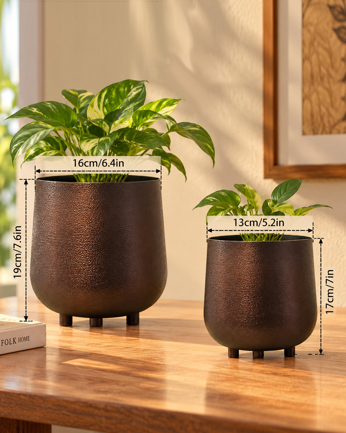 Homesake® Metal Flower Pots Planter DistressToned Garden Planters, 7.5/7 Inch Indoor Round Plant Containers, Pack 2 Cactus Greens Pots with Drainage Hole