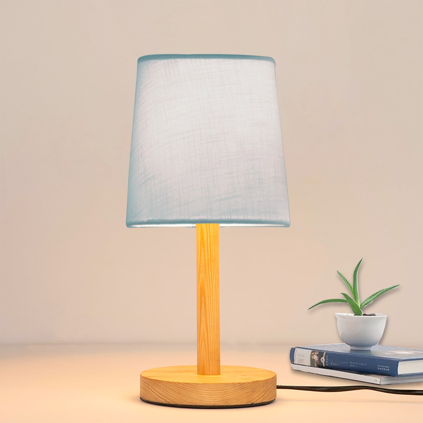 Pinewood Table Lamps for Nightstand, Fabric Linen Lampshade Desk Lamp, Morden Minimalist Bedside Lamps, Bedroom Nightstand Lamp Living Room,Kids Room