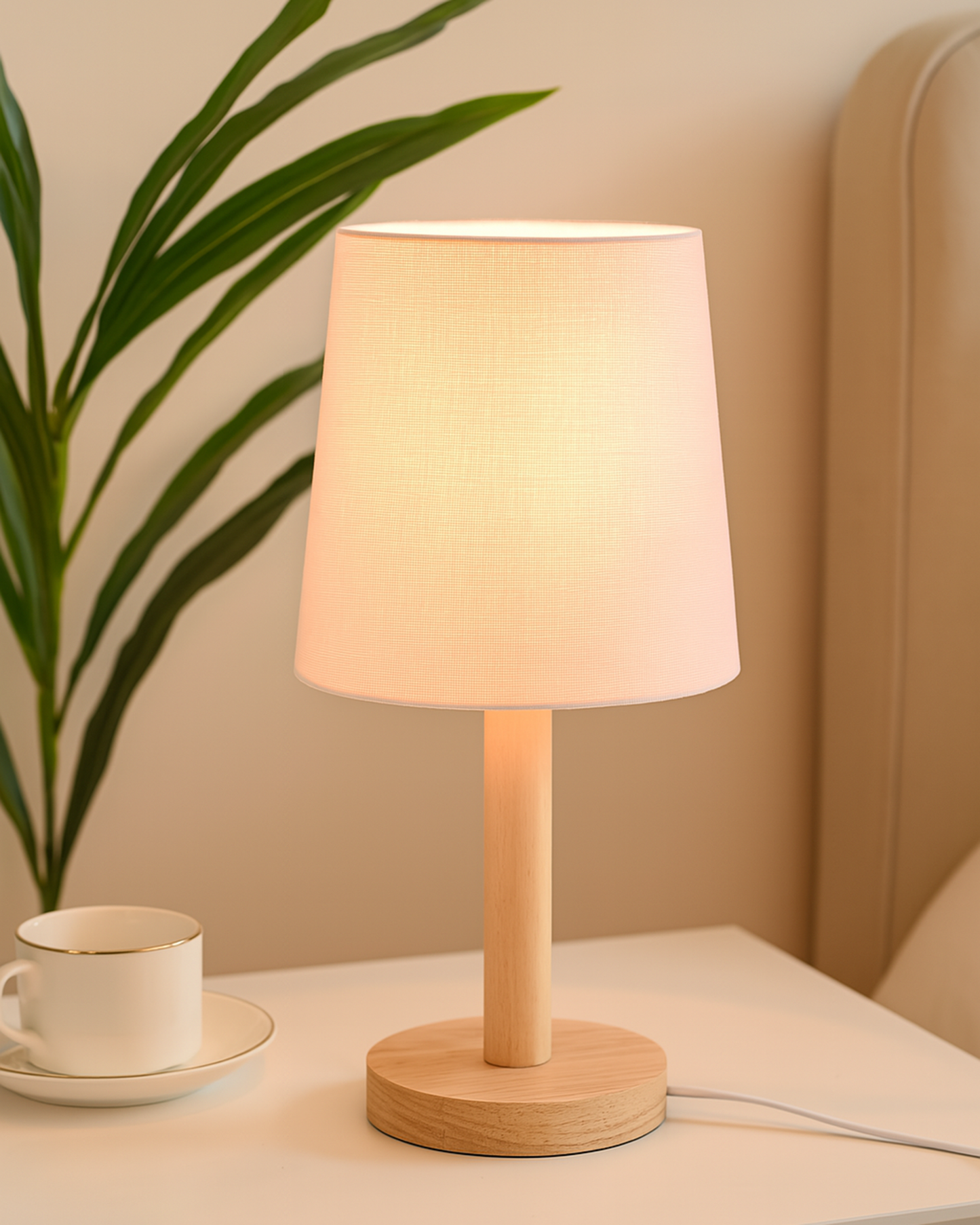 Pinewood Table Lamps for Nightstand, Fabric Linen Lampshade Desk Lamp, Morden Minimalist Bedside Lamps, Bedroom Nightstand Lamp Living Room,Kids Room