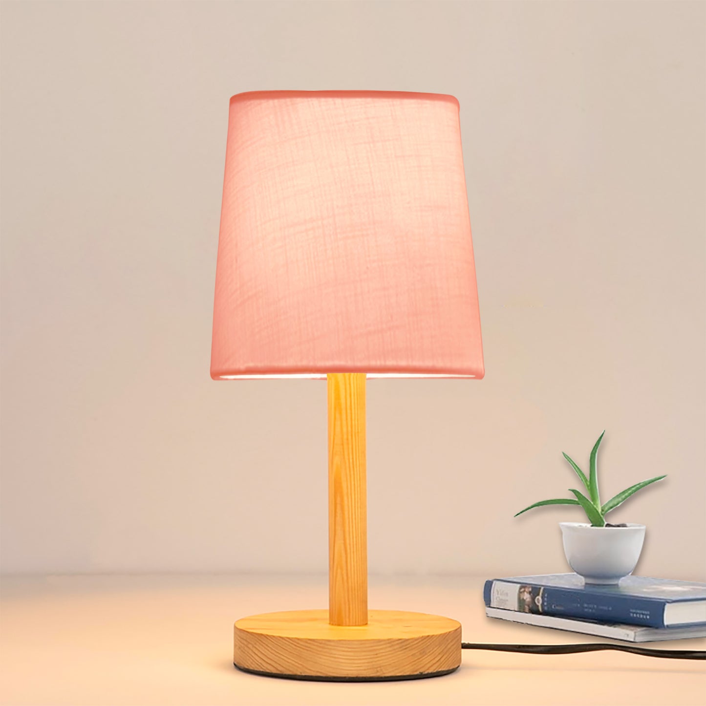 Pinewood Table Lamps for Nightstand, Fabric Linen Lampshade Desk Lamp, Morden Minimalist Bedside Lamps, Bedroom Nightstand Lamp Living Room,Kids Room