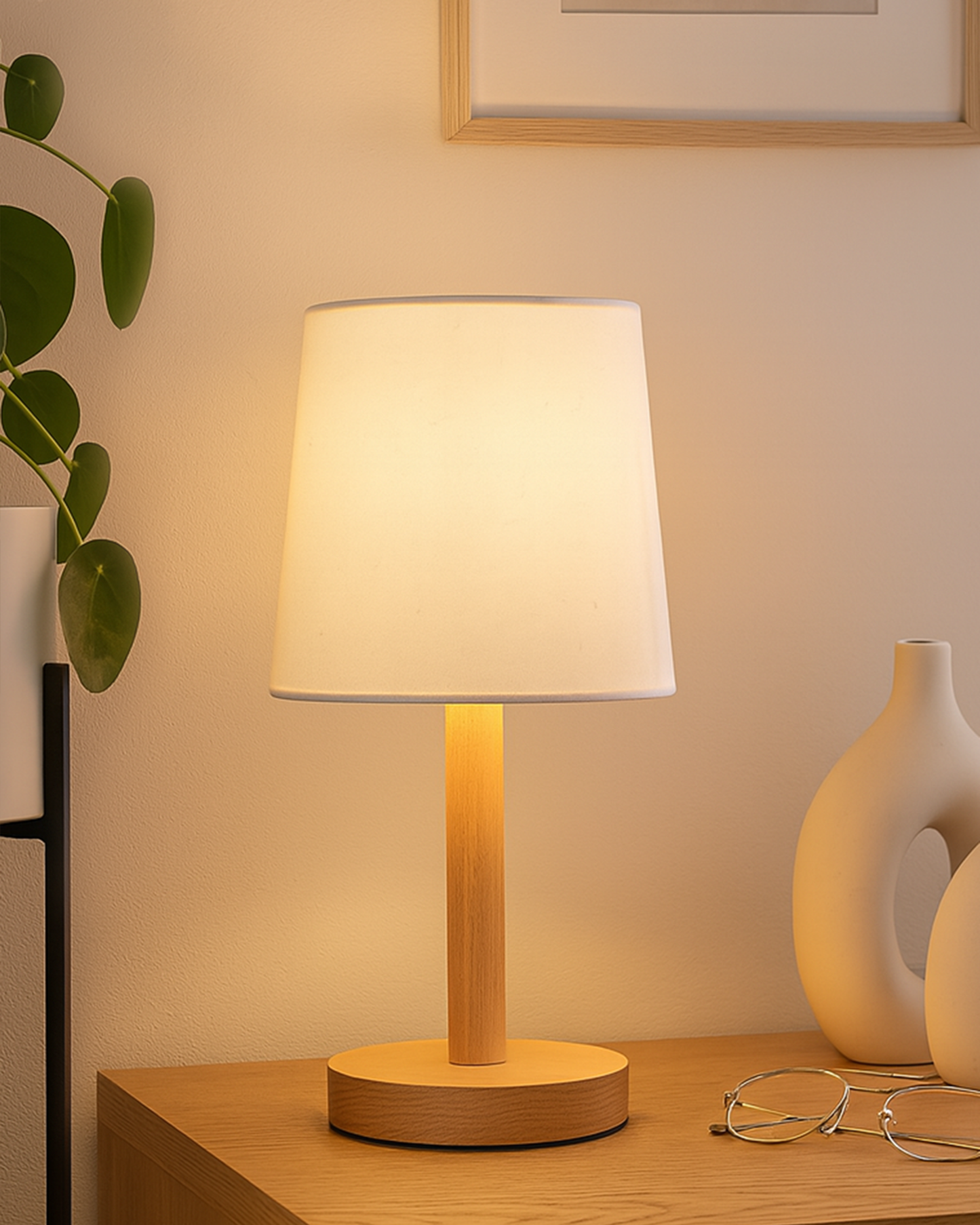 Pinewood Table Lamps for Nightstand, Fabric Linen Lampshade Desk Lamp, Morden Minimalist Bedside Lamps, Bedroom Nightstand Lamp Living Room,Kids Room