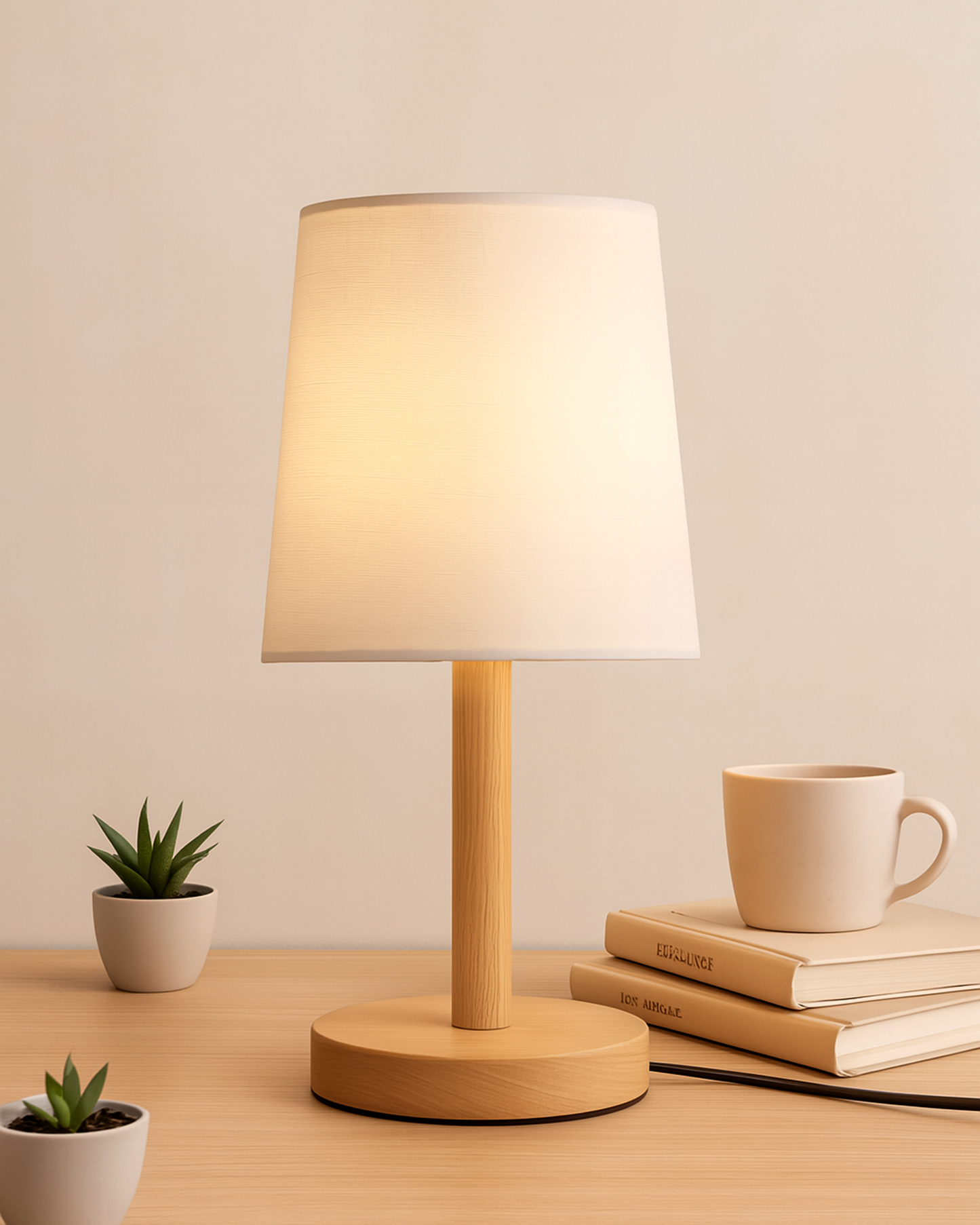 Pinewood Table Lamps for Nightstand, Fabric Linen Lampshade Desk Lamp, Morden Minimalist Bedside Lamps, Bedroom Nightstand Lamp Living Room,Kids Room
