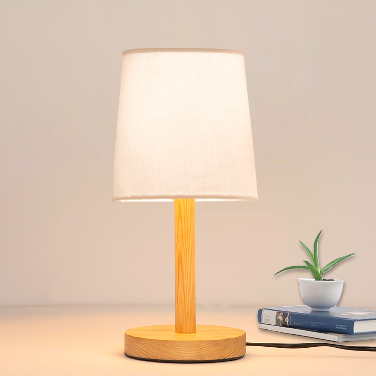 Pinewood Table Lamps for Nightstand, Fabric Linen Lampshade Desk Lamp, Morden Minimalist Bedside Lamps, Bedroom Nightstand Lamp Living Room,Kids Room