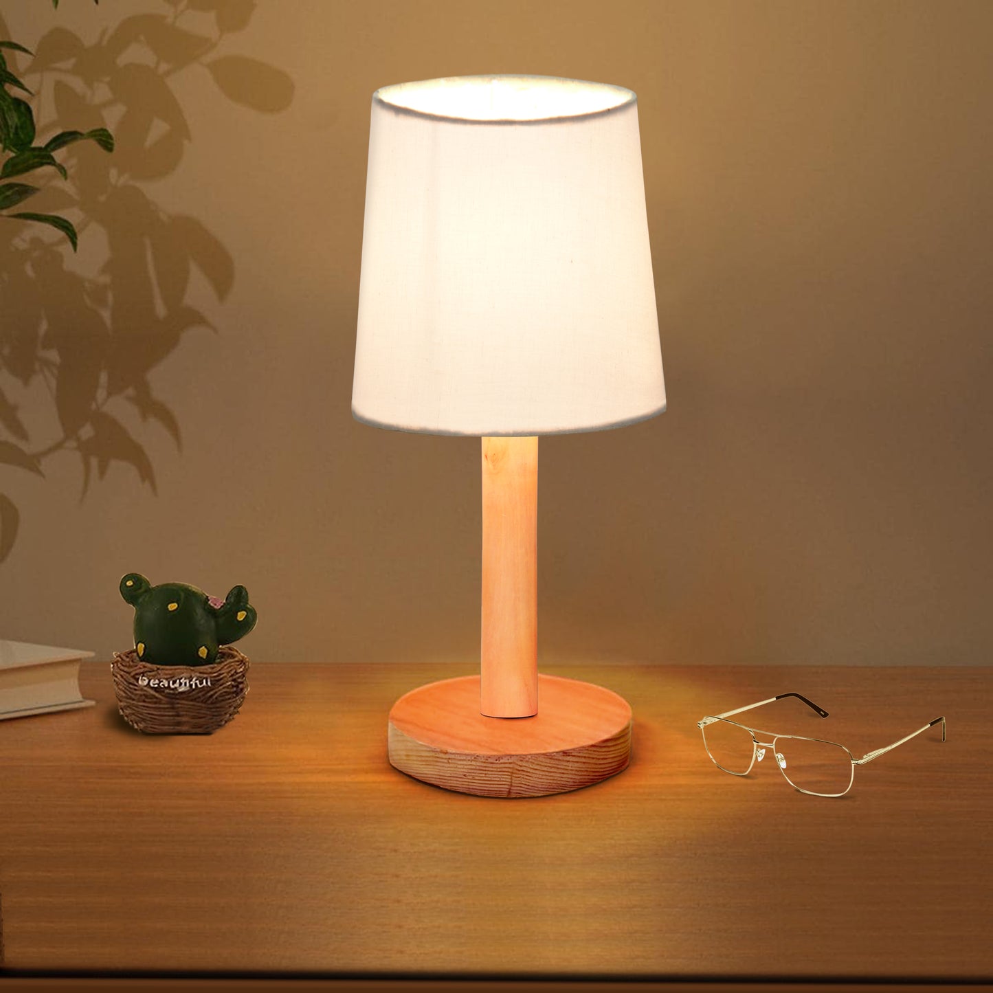 Pinewood Table Lamps for Nightstand, Fabric Linen Lampshade Desk Lamp, Morden Minimalist Bedside Lamps, Bedroom Nightstand Lamp Living Room,Kids Room