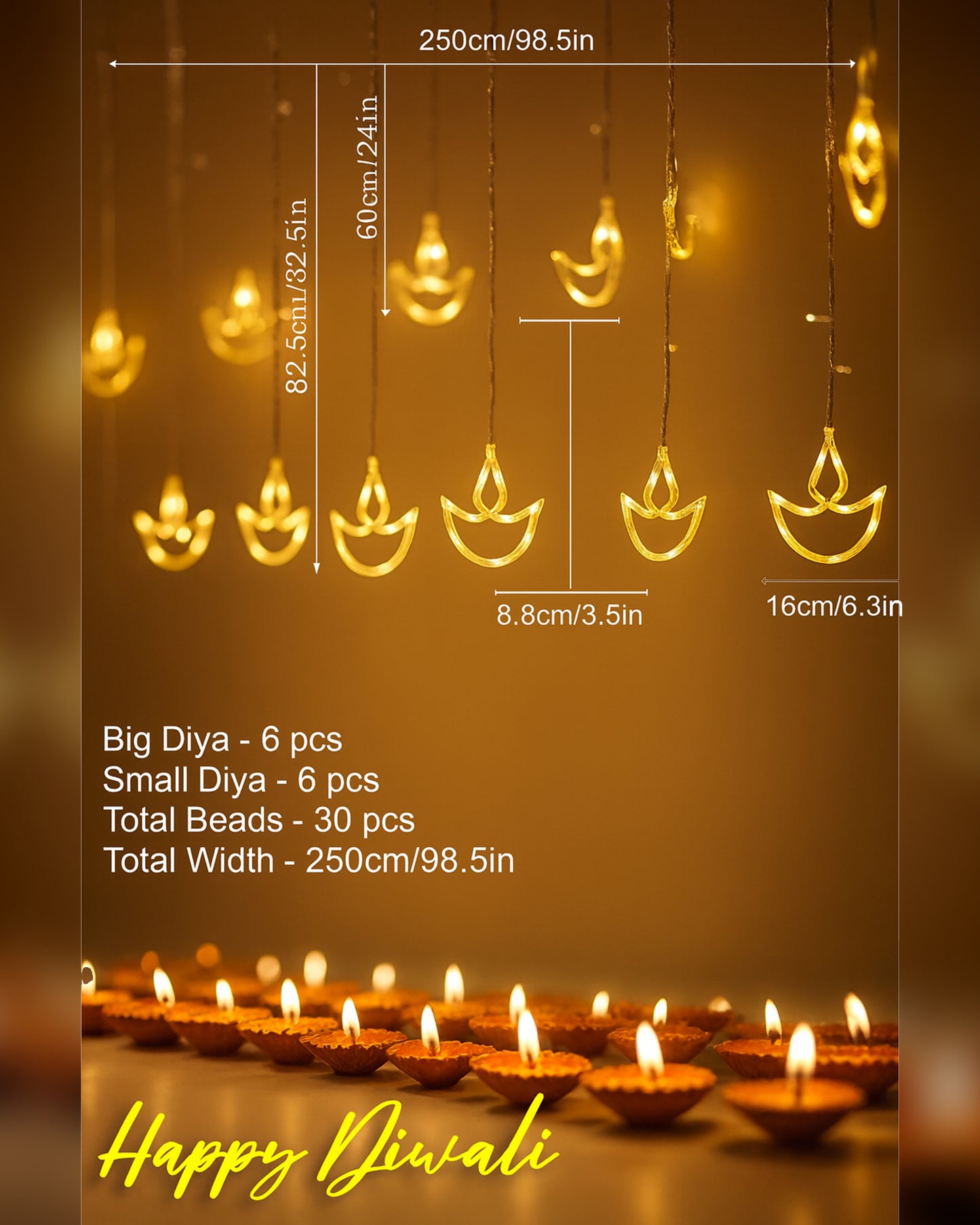 Homesake® 12 Diya Curtain Fairy String Led Diya Light with Plug in String Lights with 8 Modes, Diwali, Christmas Festive Lights, Pooja Room Decor for Indoor Outdoor Window Wall Home Party (Warm White)