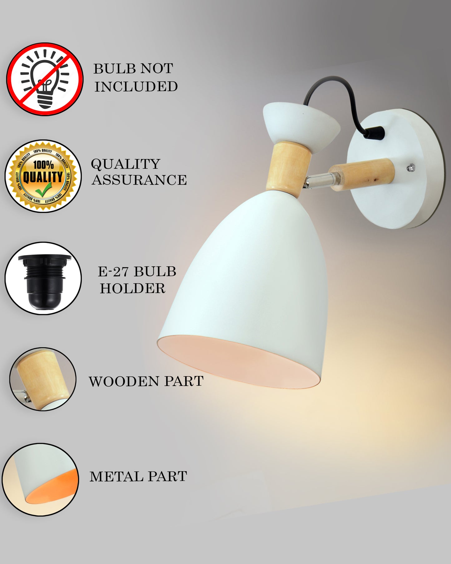 Nordic Minimaslist Macaron Adjustable Modern Wooden Iron Wall Mounted LED Wall Light Living Room Bedside Sconce Steering Head Stair Lamp with Lampshade, White