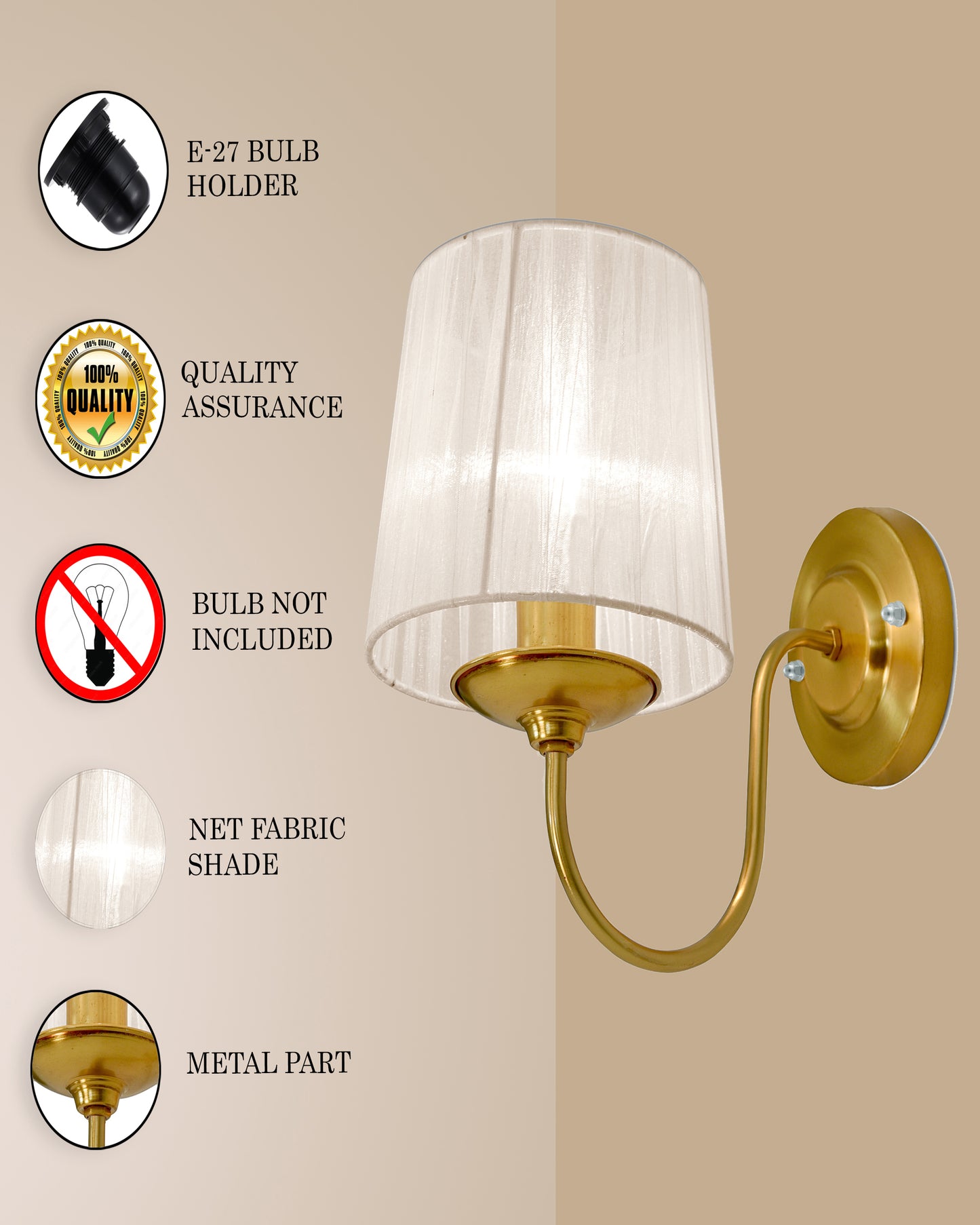 Antique Brass Wall Sconces Lighting Fixture, E27 Industrial Vintage Gold Wall Light Lamp Bathroom Decor for Bedroom Living Room, Sheen Fabric Shade, Brass