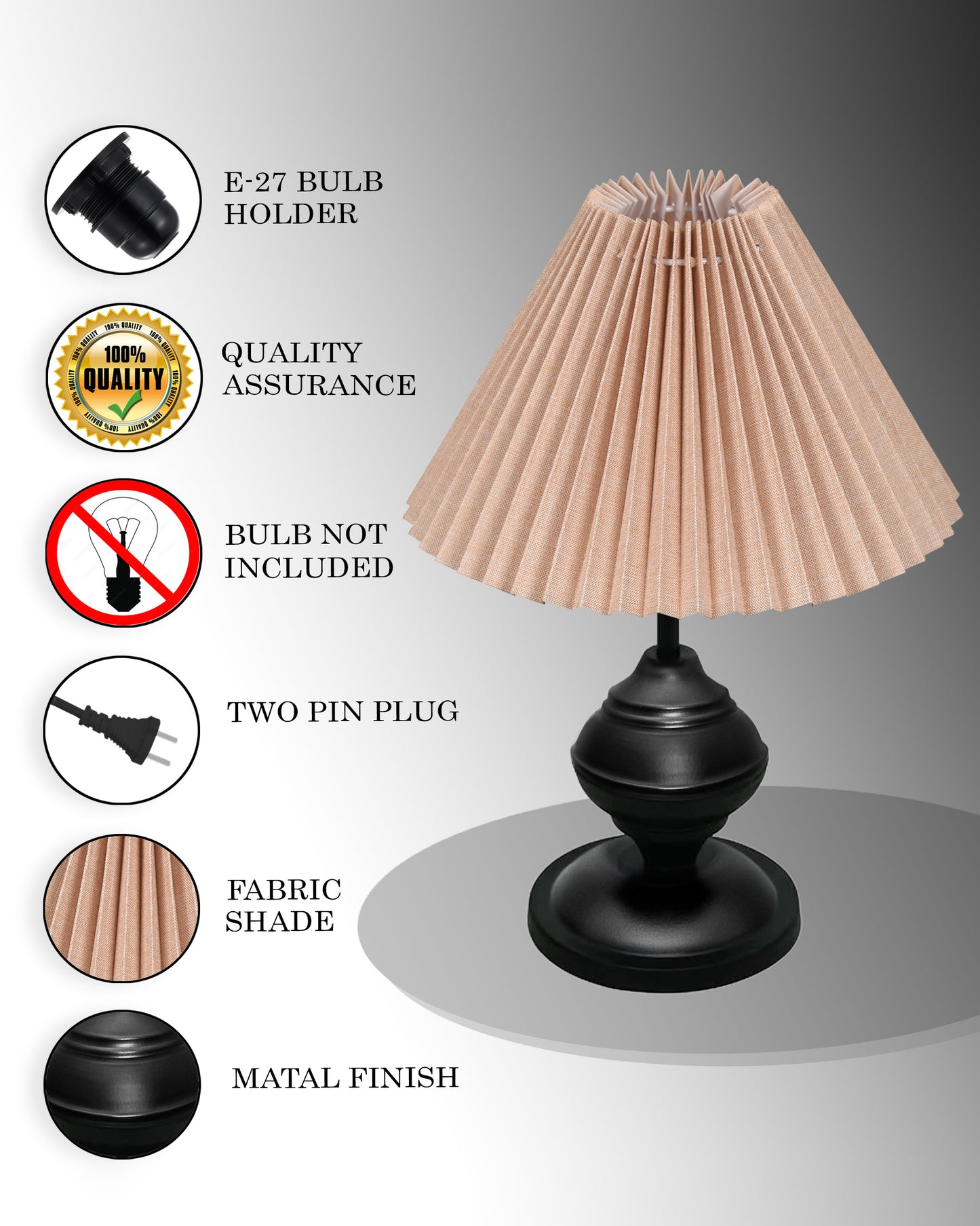 Bedside Black Metal Table Lamp with Fabric Shade, E27 holder, Urn, Pleated Shade