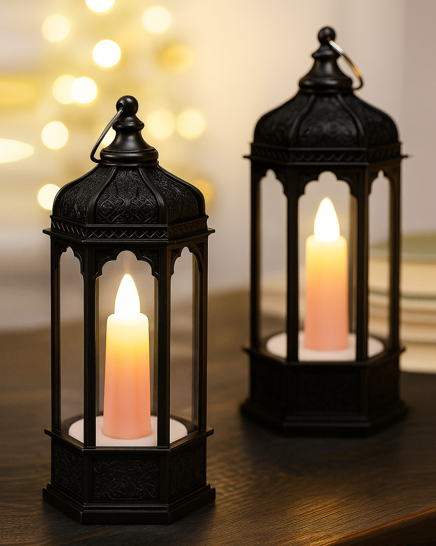 2 pcs Flameless and Smokeless Acrylic Antique LED Lantern Hurricane Lamp and Wall Hanging Led Candle Light for Home,Living Room for Diwali Decorations, Candle lantern, Black