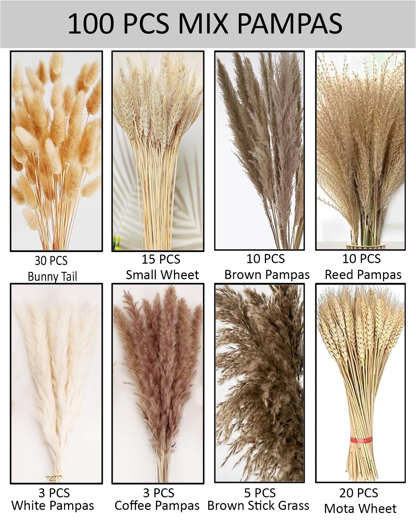 Mixed Dried Pampas Natural Grass Decor DIY Boho Natural Dried Flowers Eucalyptus Decor Dry Dried Plants Bouquet for Vase Home Floral Arrangements Decorations for Home Wedding 50, 70 & 100, Pcs