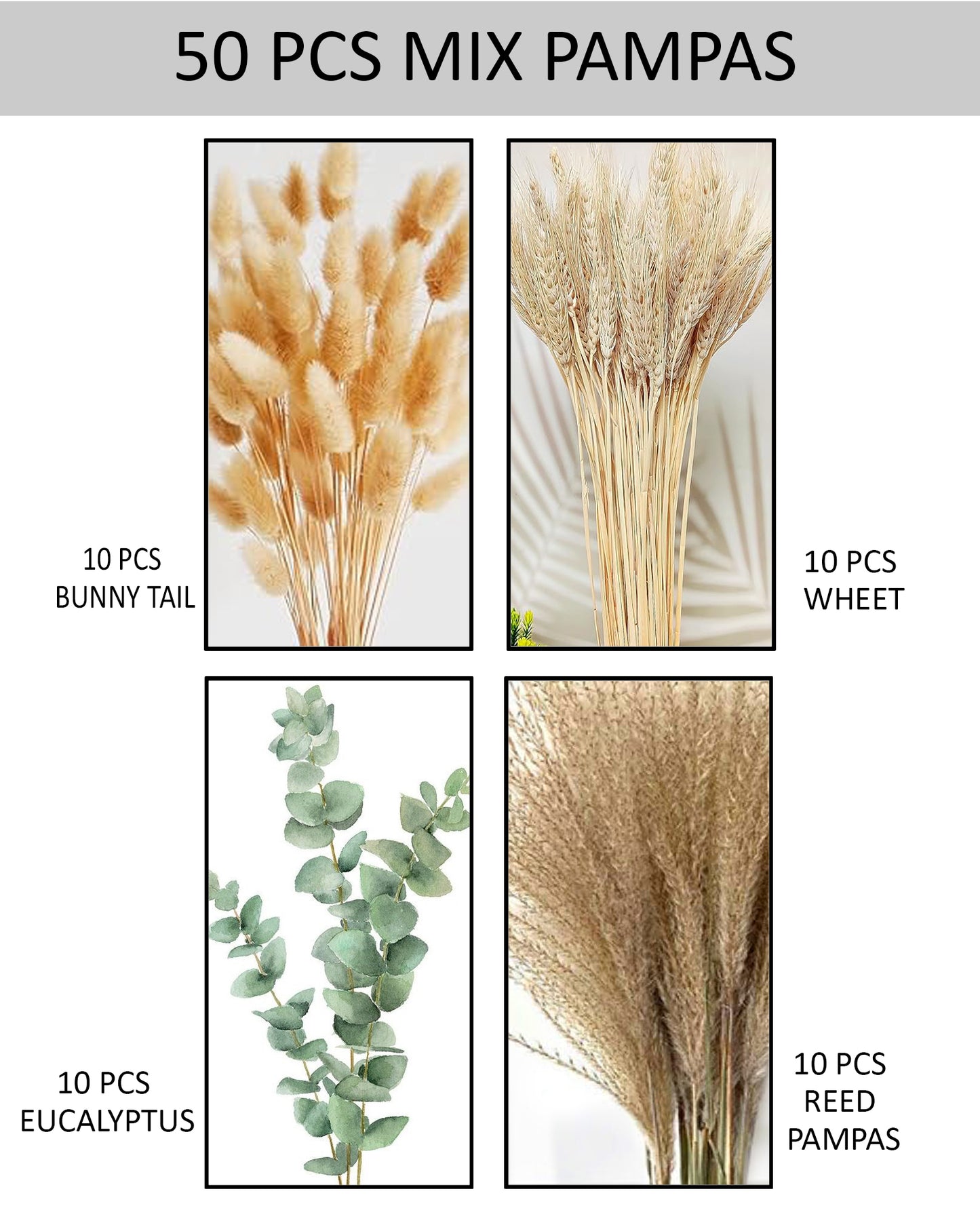 Mixed Dried Pampas Natural Grass Decor DIY Boho Natural Dried Flowers Eucalyptus Decor Dry Dried Plants Bouquet for Vase Home Floral Arrangements Decorations for Home Wedding 50, 70 & 100, Pcs