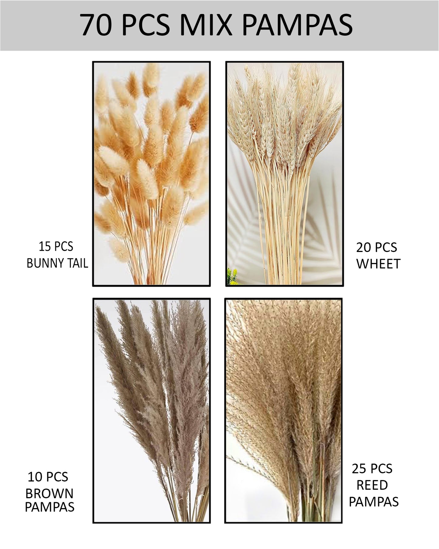 Mixed Dried Pampas Natural Grass Decor DIY Boho Natural Dried Flowers Eucalyptus Decor Dry Dried Plants Bouquet for Vase Home Floral Arrangements Decorations for Home Wedding 50, 70 & 100, Pcs