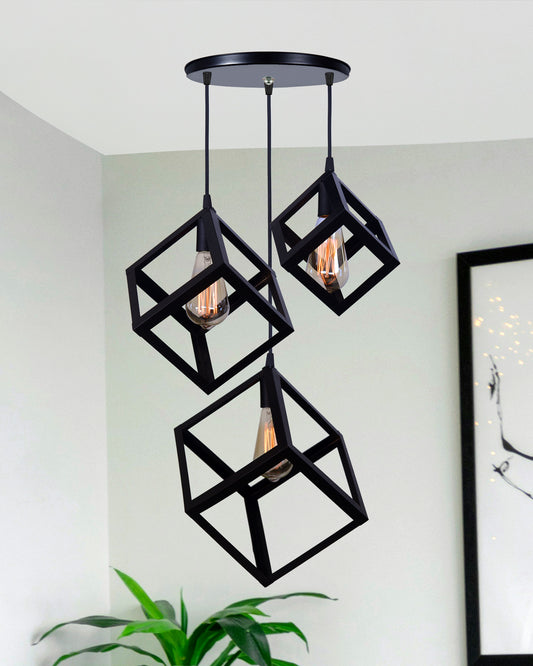 3-Light Cluster Pendant Lights Stairwell Lighting Small Chandelier Matt Black Modern Chandelier Light Fixture Foyer Chandeliers Entryway High Ceiling Staircase Lights, Poly-cube