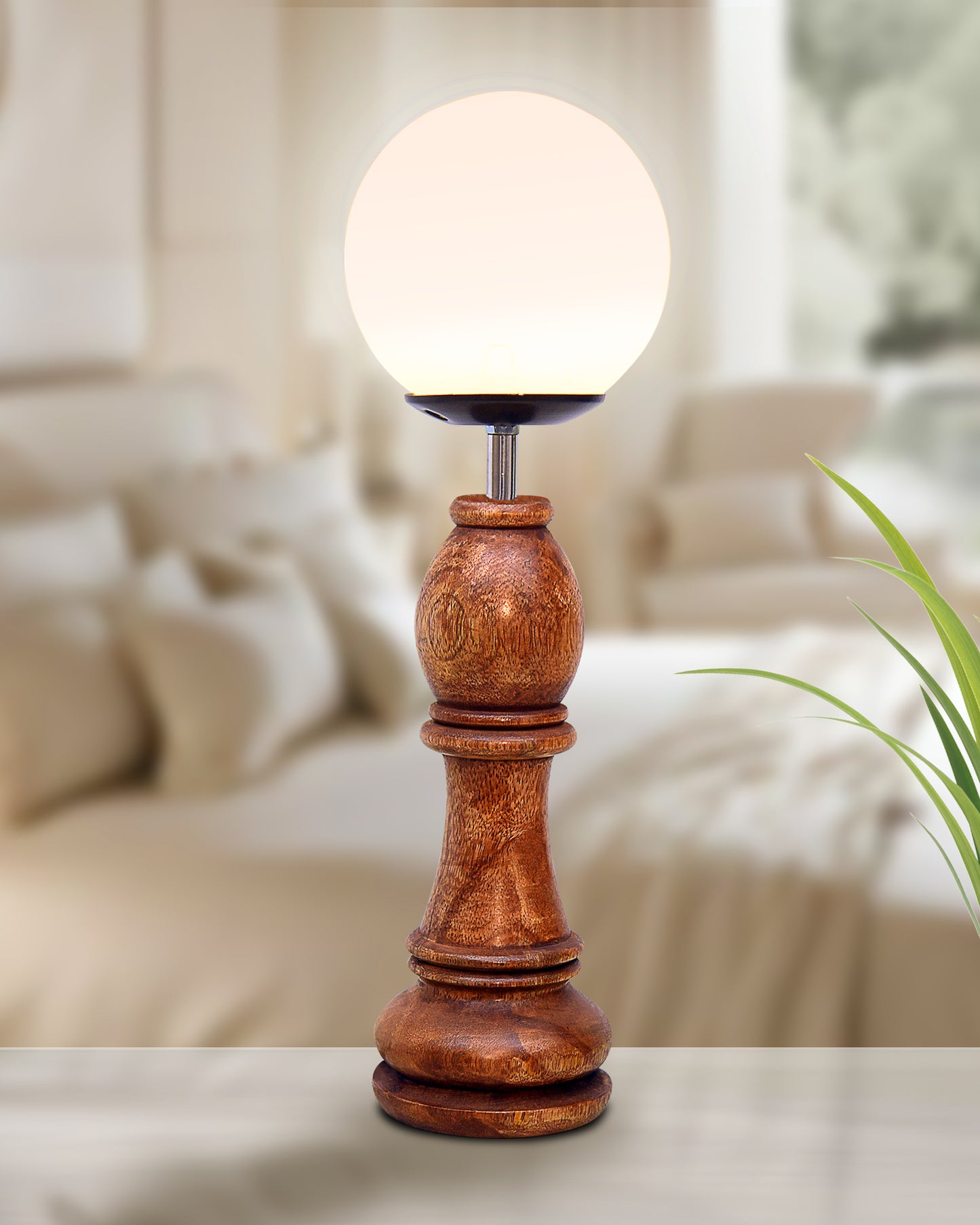 Chess Decorative Bedside Table Desk Lamp White Frost Shade for Décor, Accent Light, Gameroom, Kids', Living Room, Bedroom, Handmade Wooden, Pawn Horse Bishop Rook Queen King