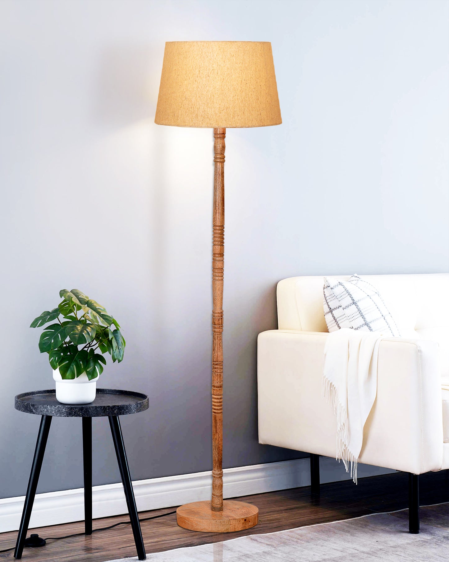 Mid Century Modern Floor Lamp,Hand turned Floor Lamp Wood for Living Room,Stand Lamp with Fabric Lampshade for Bedroom, Study Room and Office, Jute