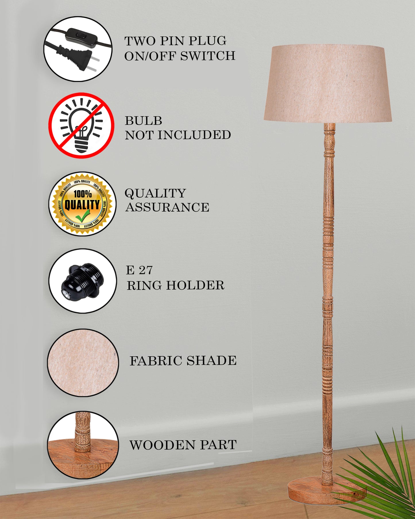 Mid Century Modern Floor Lamp,Hand turned Floor Lamp Wood for Living Room,Stand Lamp with Fabric Lampshade for Bedroom, Study Room and Office, Jute