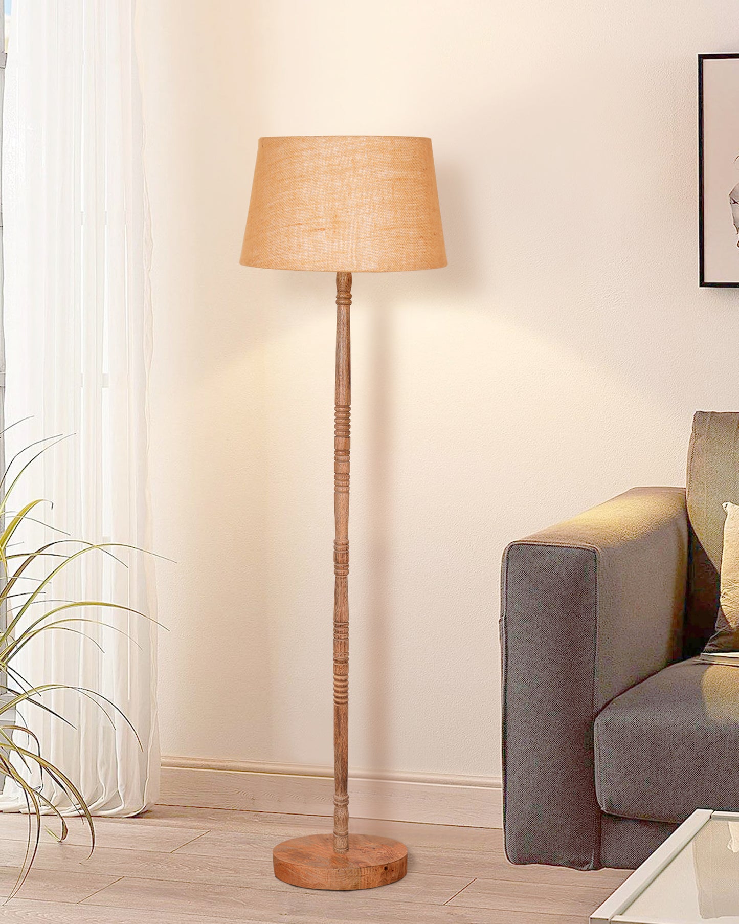 Mid Century Modern Floor Lamp,Hand turned Floor Lamp Wood for Living Room,Stand Lamp with Fabric Lampshade for Bedroom, Study Room and Office, Jute