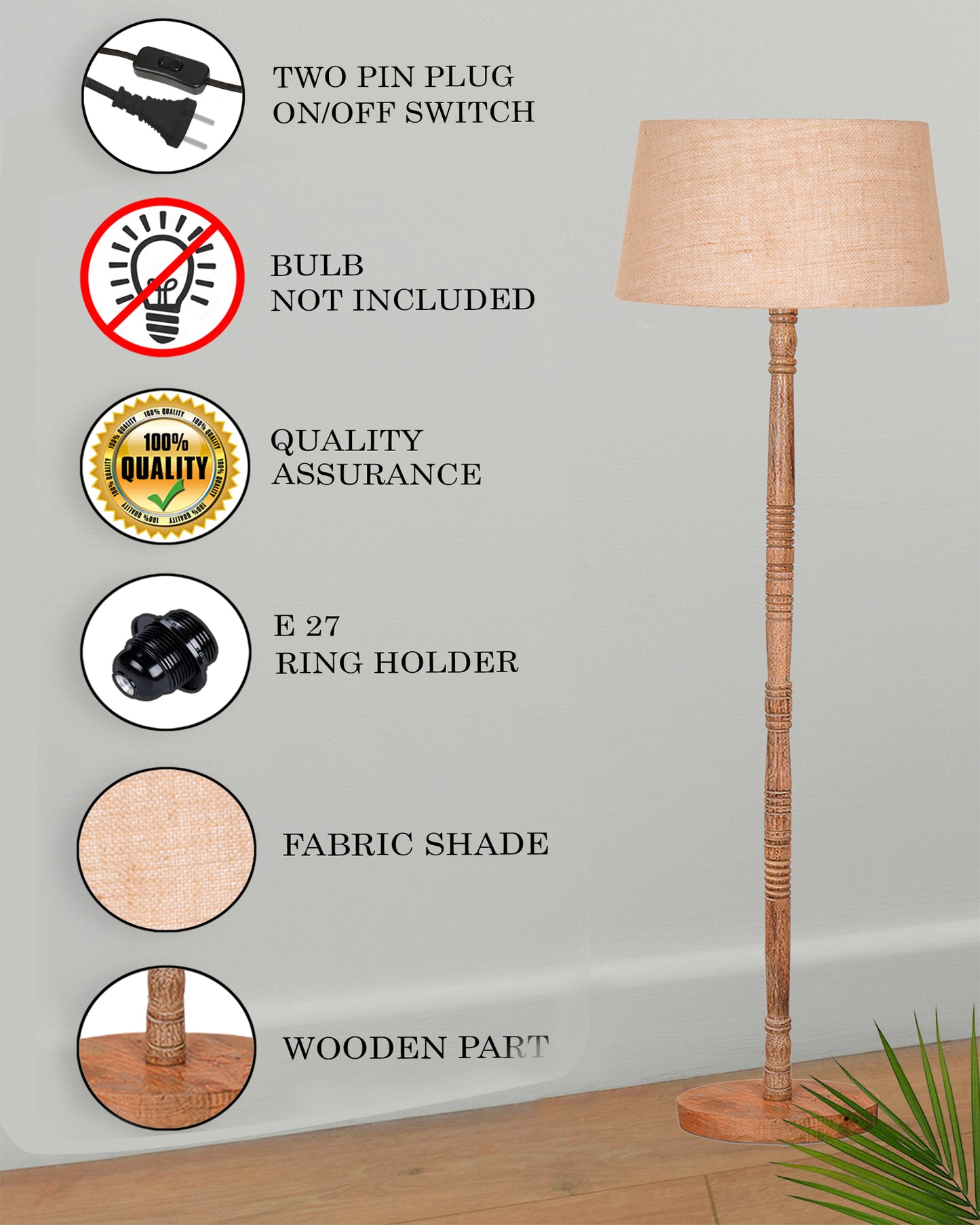Mid Century Modern Floor Lamp,Hand turned Floor Lamp Wood for Living Room,Stand Lamp with Fabric Lampshade for Bedroom, Study Room and Office, Jute