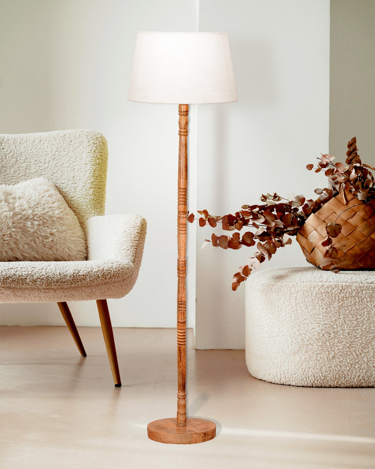 Mid Century Modern Floor Lamp,Hand turned Floor Lamp Wood for Living Room,Stand Lamp with Fabric Lampshade for Bedroom, Study Room and Office, Jute