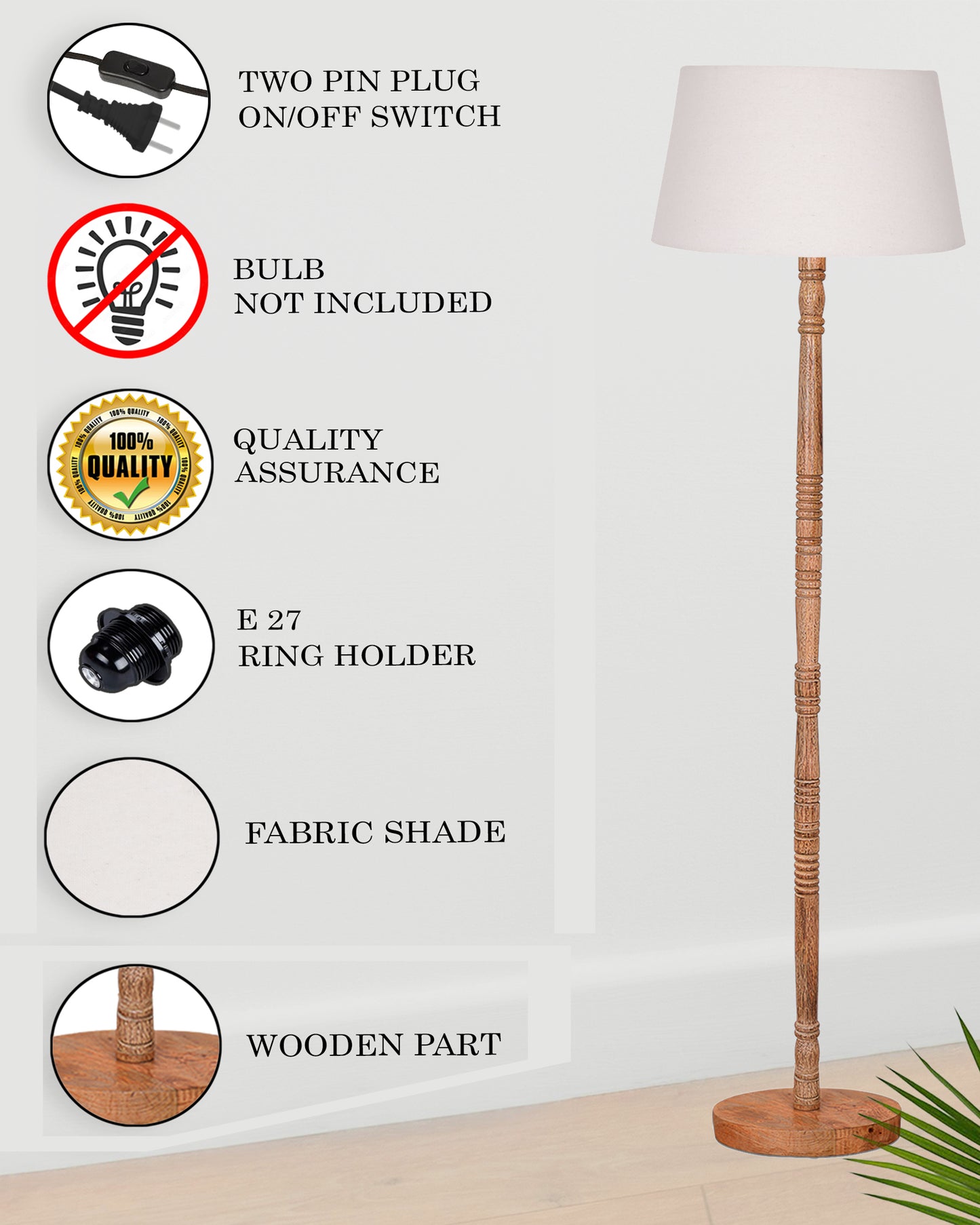 Mid Century Modern Floor Lamp,Hand turned Floor Lamp Wood for Living Room,Stand Lamp with Fabric Lampshade for Bedroom, Study Room and Office, Jute