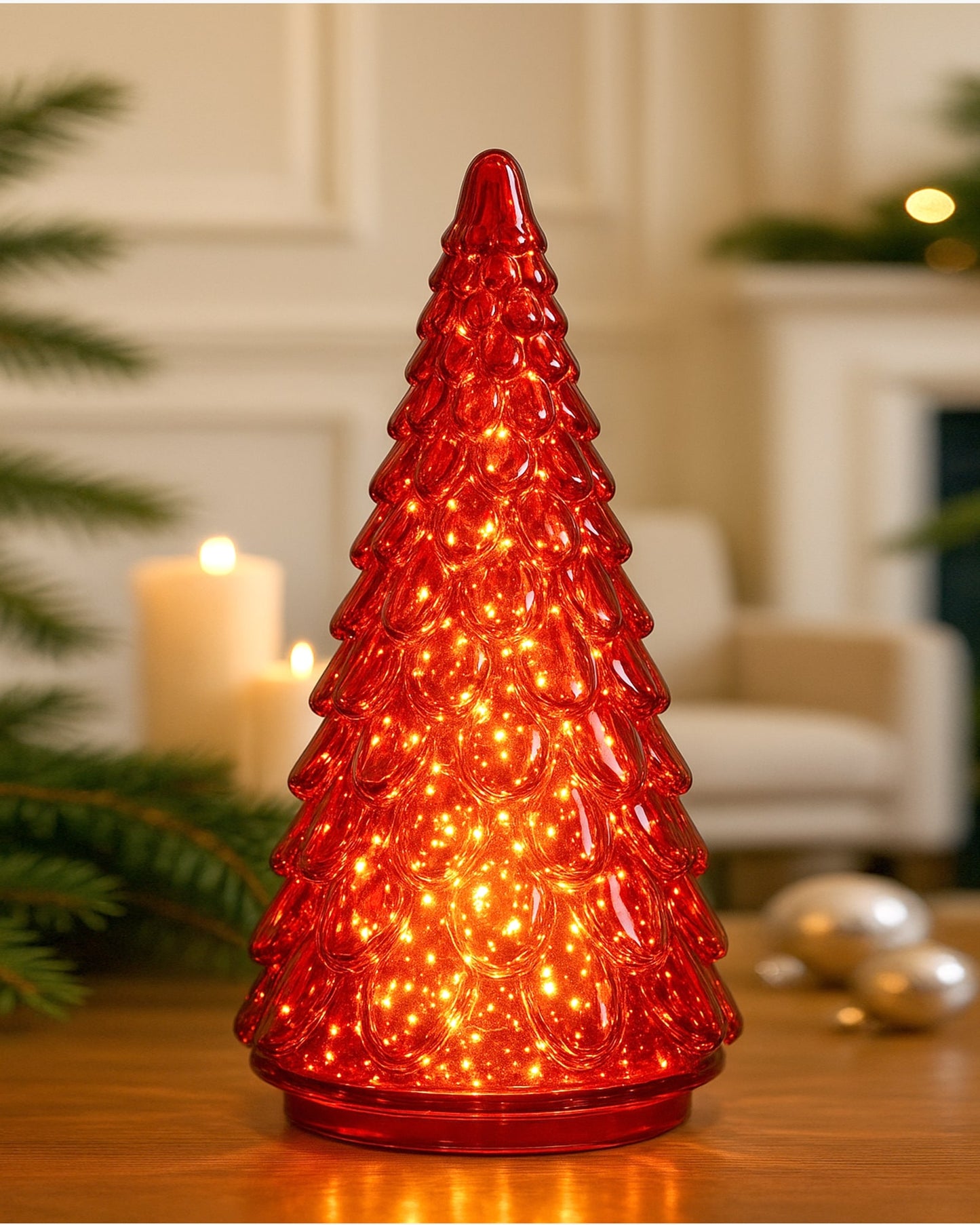 Mercury Glass Christmas Tree Xmas Trees Decorations Table Top Light Centerpiece Mantel Window Home Decor Bathroom Party Gift with Fairy Light,
