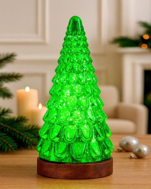 Mercury Glass Christmas Tree Xmas Trees Decorations Table Lamp Centerpiece Mantel Window Home Decor Bathroom Party Gift, Wooden Base Light,