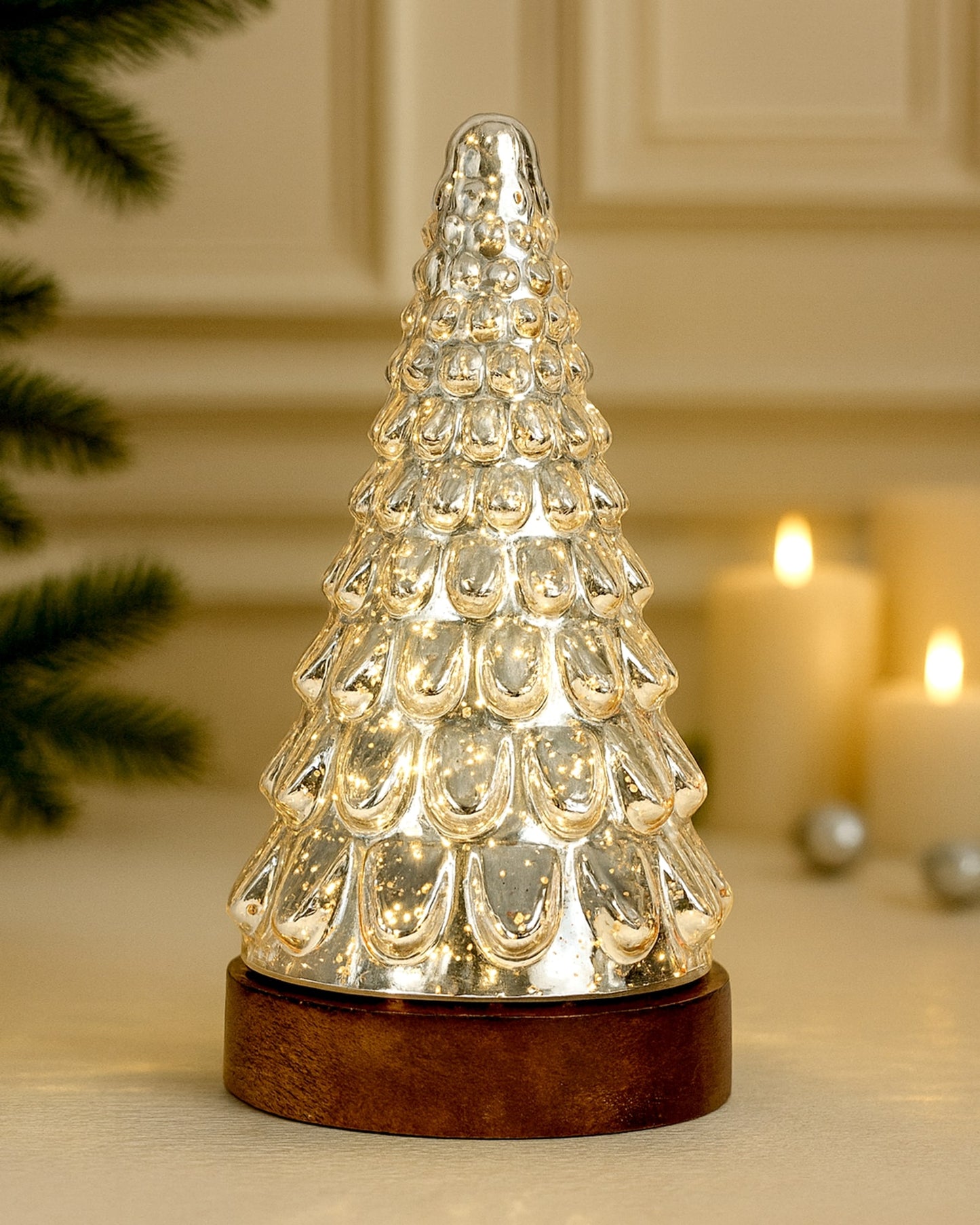 Mercury Glass Christmas Tree Xmas Trees Decorations Table Lamp Centerpiece Mantel Window Home Decor Bathroom Party Gift, Wooden Base Light,