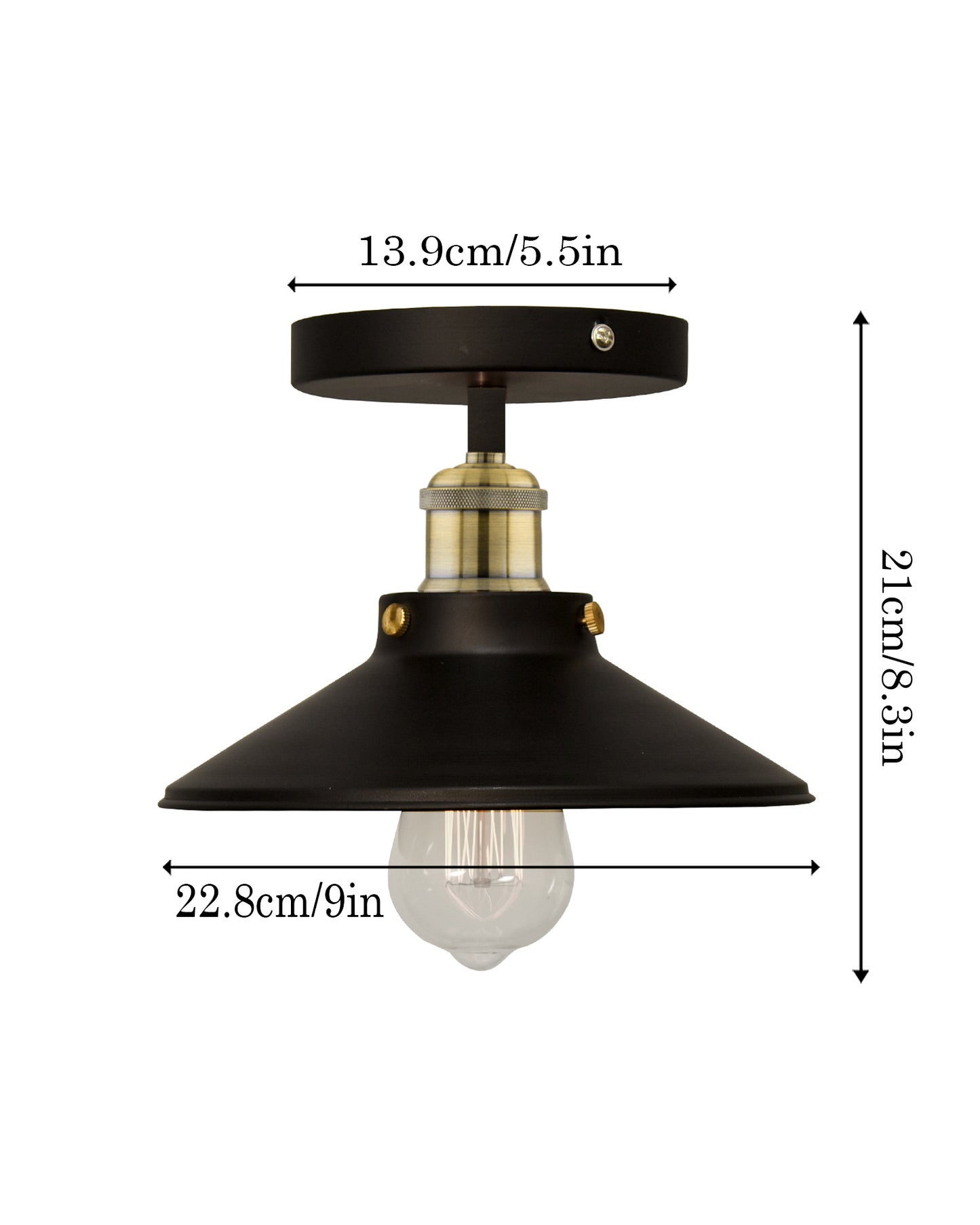Modern Farmhouse Semi Flush Mount Ceiling Light Black Hallway Light Fixture Ceiling Hung, Antique Golden, Black Cone Shade