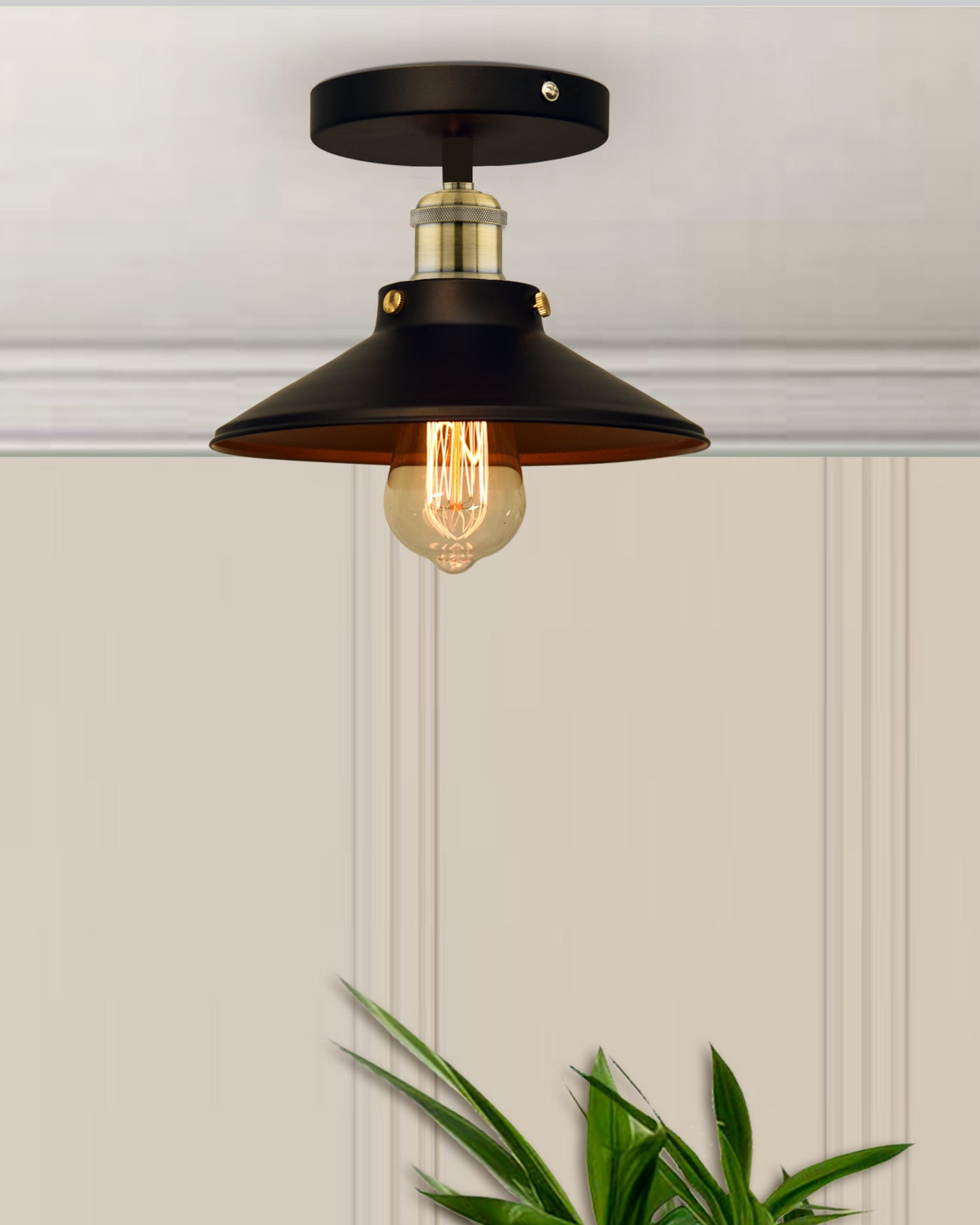 Modern Farmhouse Semi Flush Mount Ceiling Light Black Hallway Light Fixture Ceiling Hung, Antique Golden, Black Cone Shade