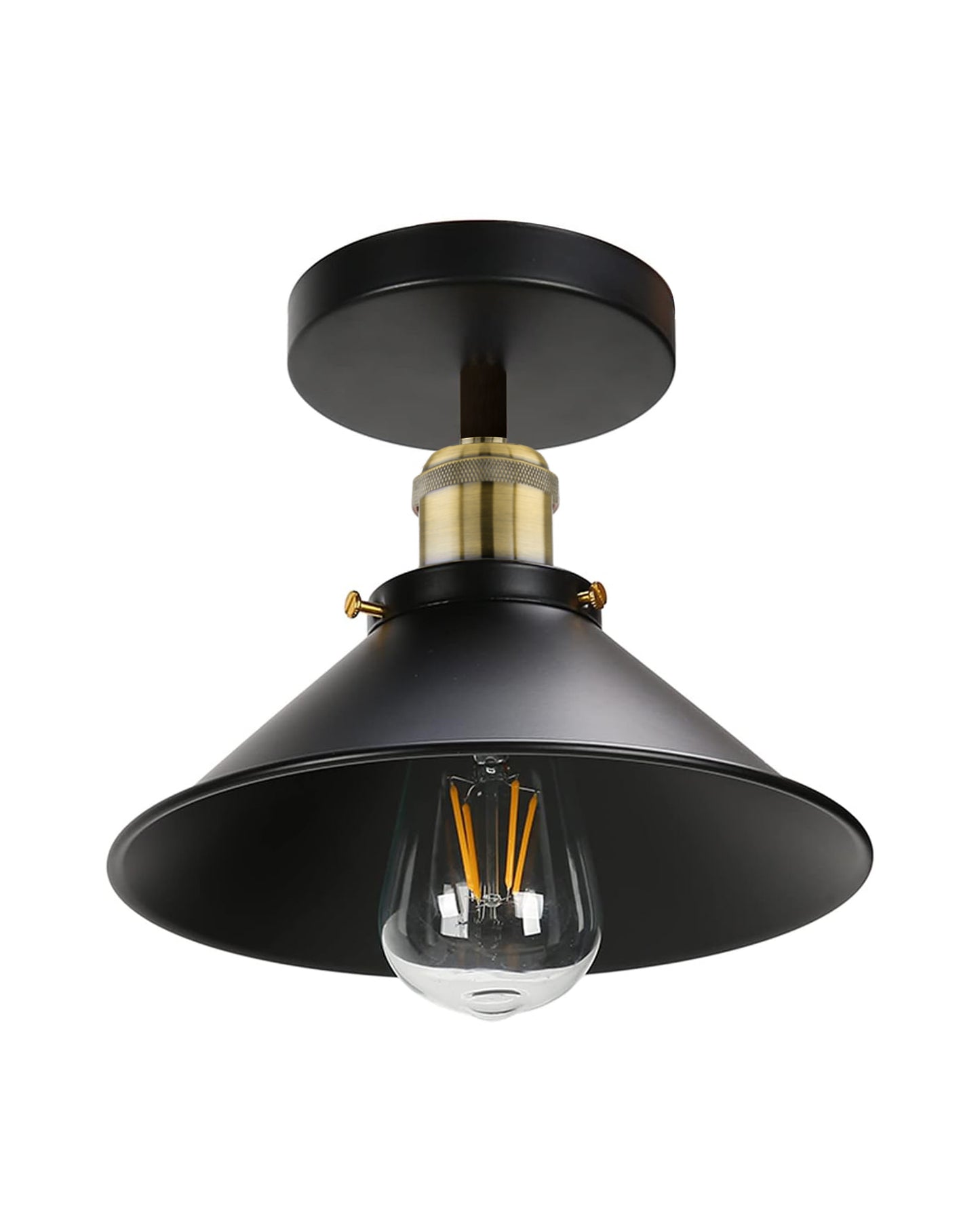 Modern Farmhouse Semi Flush Mount Ceiling Light Black Hallway Light Fixture Ceiling Hung, Antique Golden, Black Cone Shade