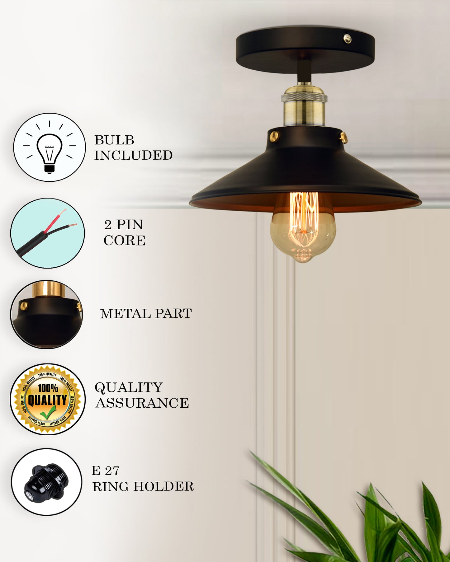 Modern Farmhouse Semi Flush Mount Ceiling Light Black Hallway Light Fixture Ceiling Hung, Antique Golden, Black Cone Shade