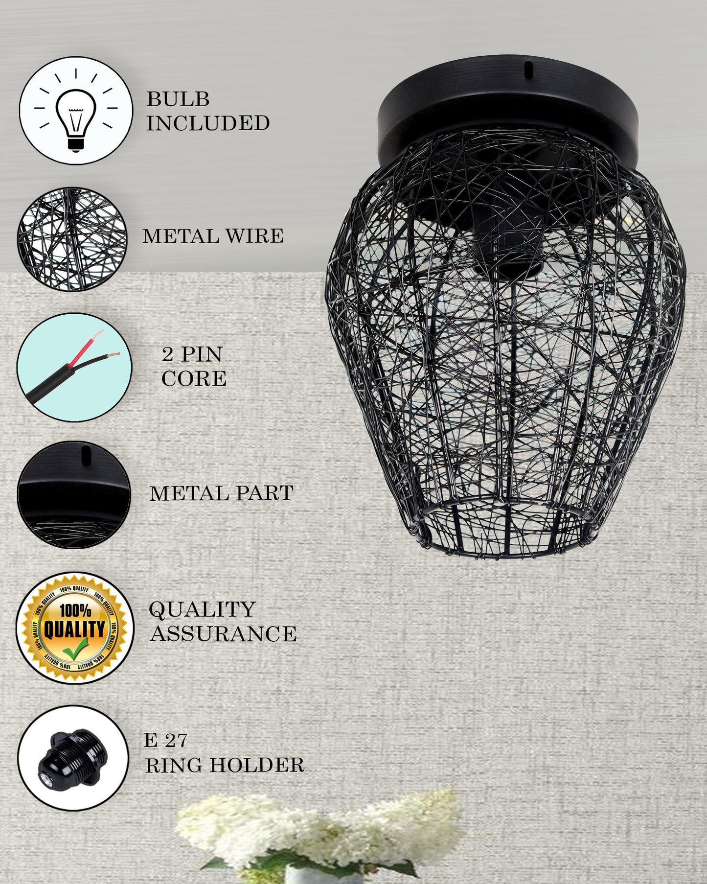 Modern Farmhouse Semi Flush Mount Ceiling Light Black Hallway Light Fixture Ceiling Hung, Antique Golden, Black Cone Shade