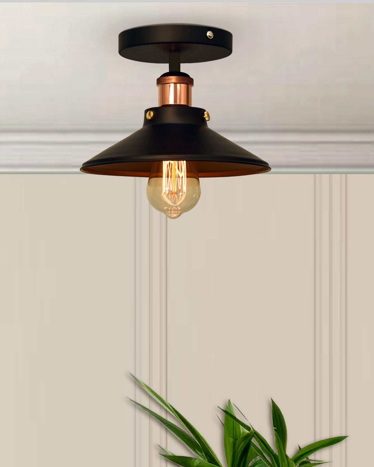 Modern Farmhouse Semi Flush Mount Ceiling Light Black Hallway Light Fixture Ceiling Hung, Antique Golden, Black Cone Shade