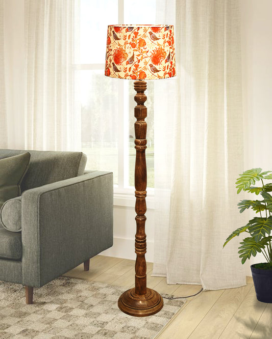 Rustic Wood Floor Lamp in Walnut Brown with Multicolor Fabric Lamp Shade | Light Decoration for Home Corner | Living Room & Bedroom Bedside Floor Lamp, Antique Floor Light, Candlestick , Bird
