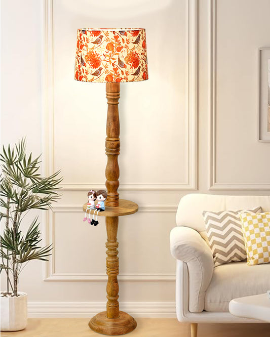 Rustic Wood Floor Lamp in Walnut Brown with Multicolor Fabric Lamp Shade | Light Decoration for Home Corner | Living Room & Bedroom Bedside Floor Lamp, Antique Floor Light, Tray End Table, Bird