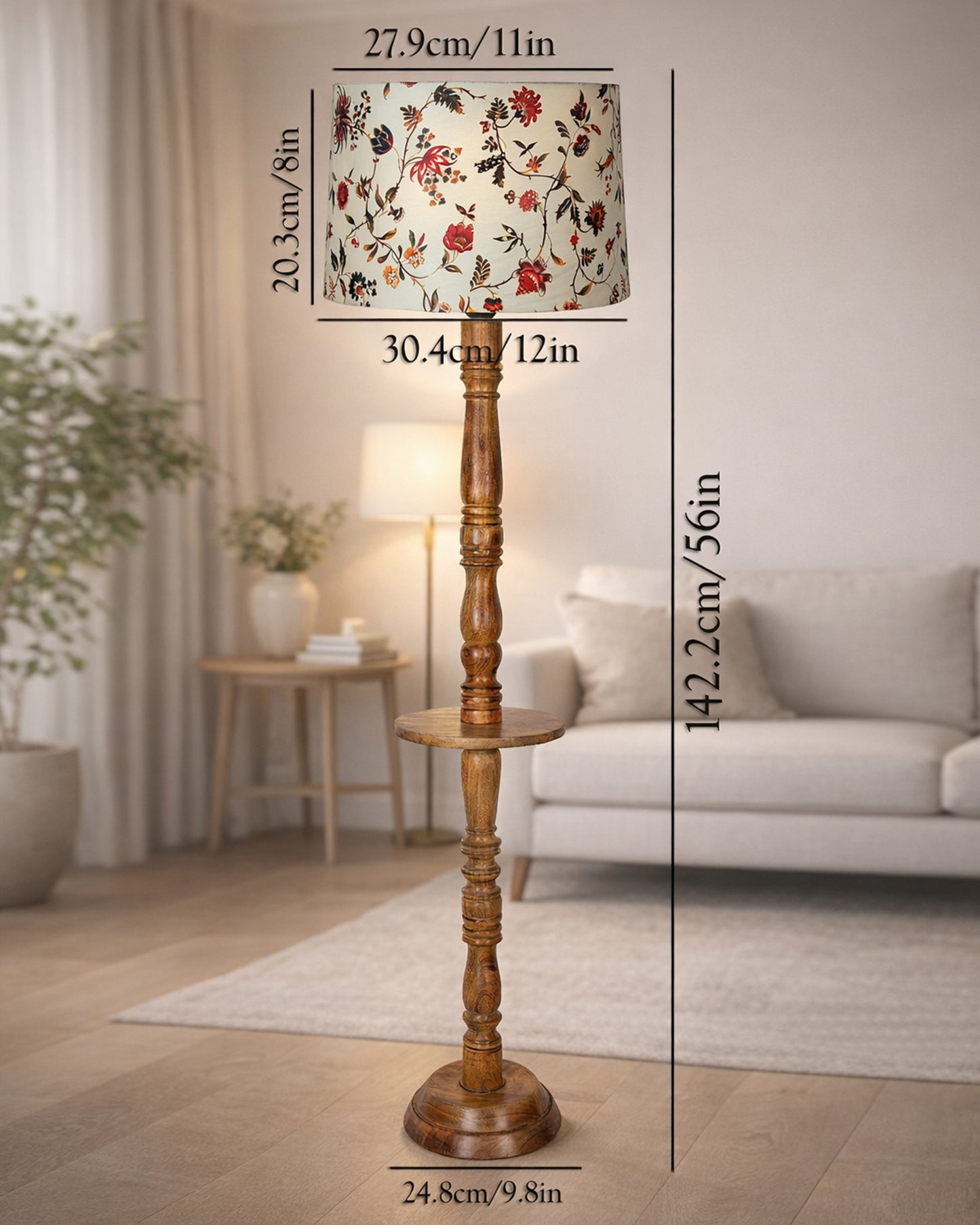 Rustic Wood Floor Lamp in Walnut Brown with Multicolor Fabric Lamp Shade | Light Decoration for Home Corner | Living Room & Bedroom Bedside Floor Lamp, Antique Floor Light, Tray End Table, Bird