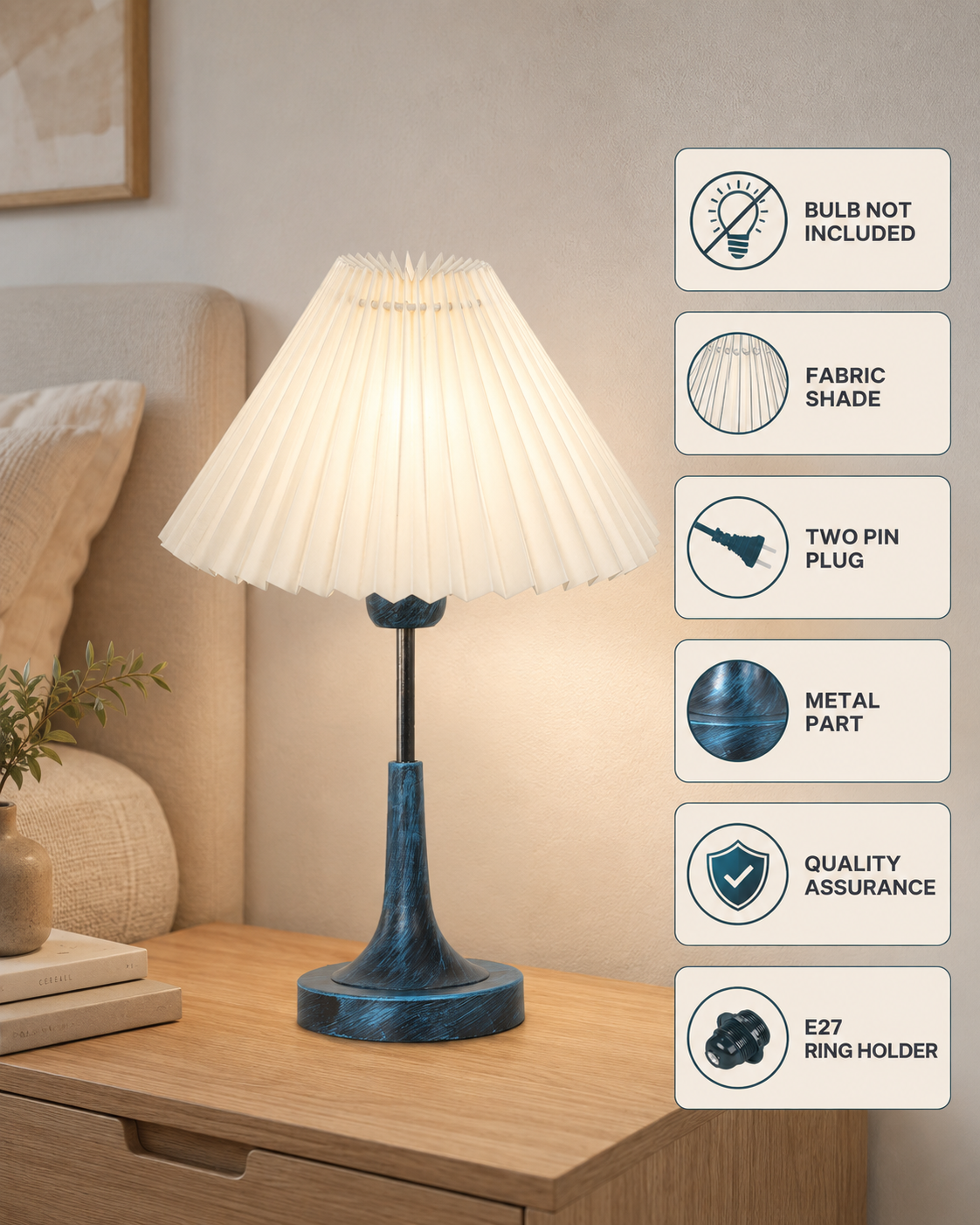 Rustic Farmhouse Metal Table Lamp Fabric Shade for Bedroom Living Room House Home Bedside Nightstand Office Family, Antique Blue Trumpet Bell, Jute Cone