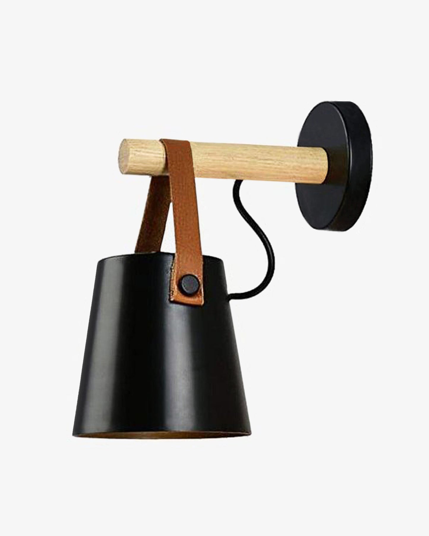 Nordic Wall Sconce Lamp Wooden Lighting Fixture E27 Metal Lampshade Leather Belt Decorative Wall Light for Home Bedroom Bedside Aisle Restaurant, Black