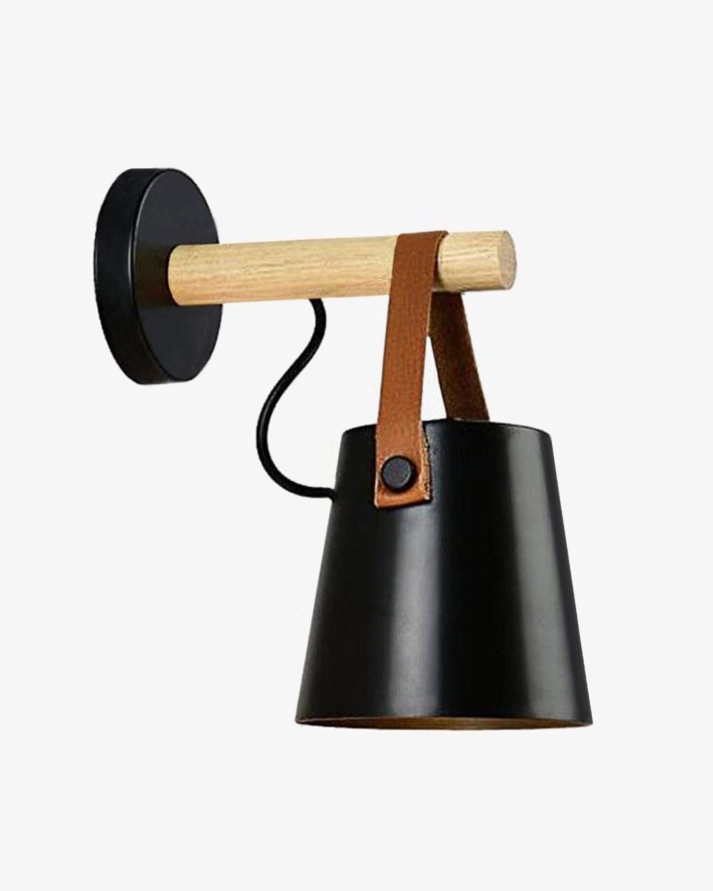 Nordic Wall Sconce Lamp Wooden Lighting Fixture E27 Metal Lampshade Leather Belt Decorative Wall Light for Home Bedroom Bedside Aisle Restaurant, Black