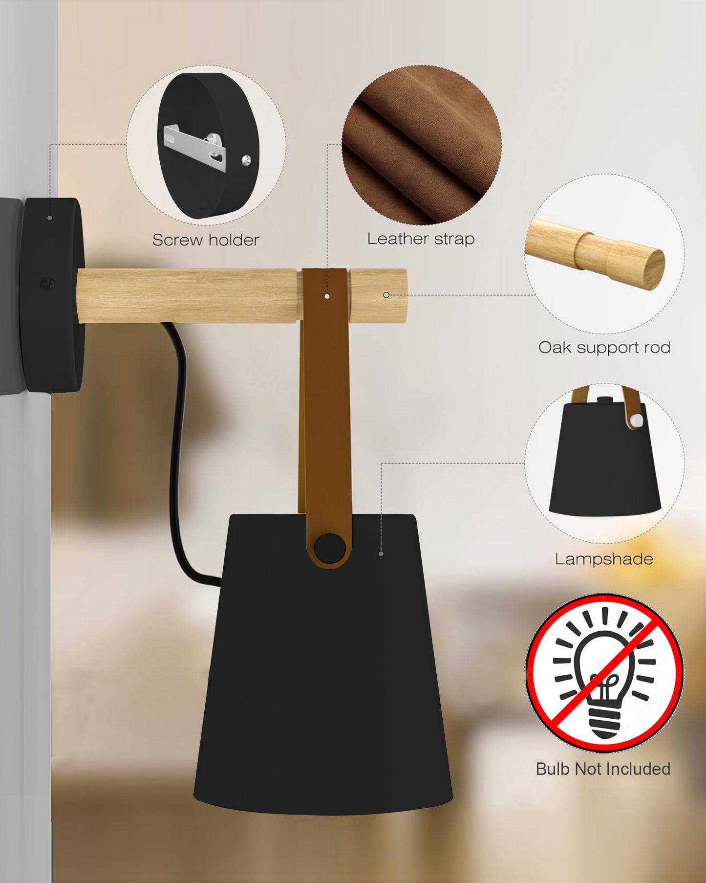 Nordic Wall Sconce Lamp Wooden Lighting Fixture E27 Metal Lampshade Leather Belt Decorative Wall Light for Home Bedroom Bedside Aisle Restaurant, Black