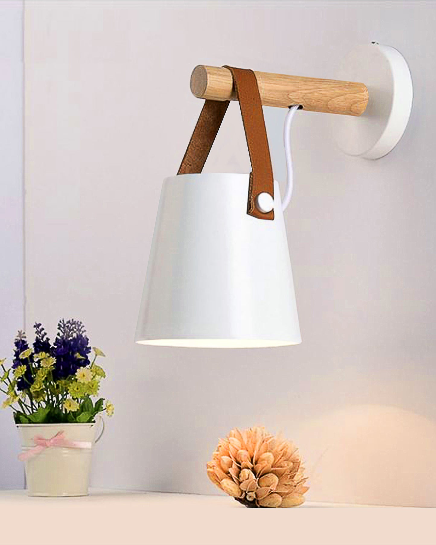 Nordic Wall Sconce Lamp Wooden Lighting Fixture E27 Metal Lampshade Leather Belt Decorative Wall Light for Home Bedroom Bedside Aisle Restaurant, Black