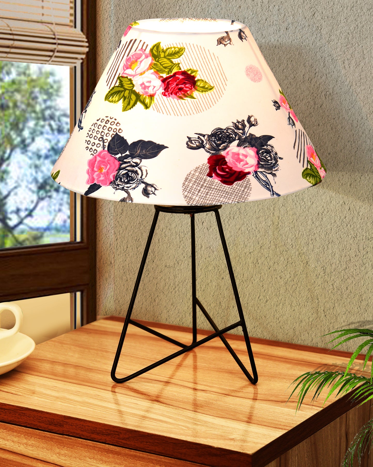 Retro Matt Black Down to the Wire Metal Table Lamp with Fabric Shade, Bedside Lamp Gift Housewarming Home Living Room, Iris Cone Shade