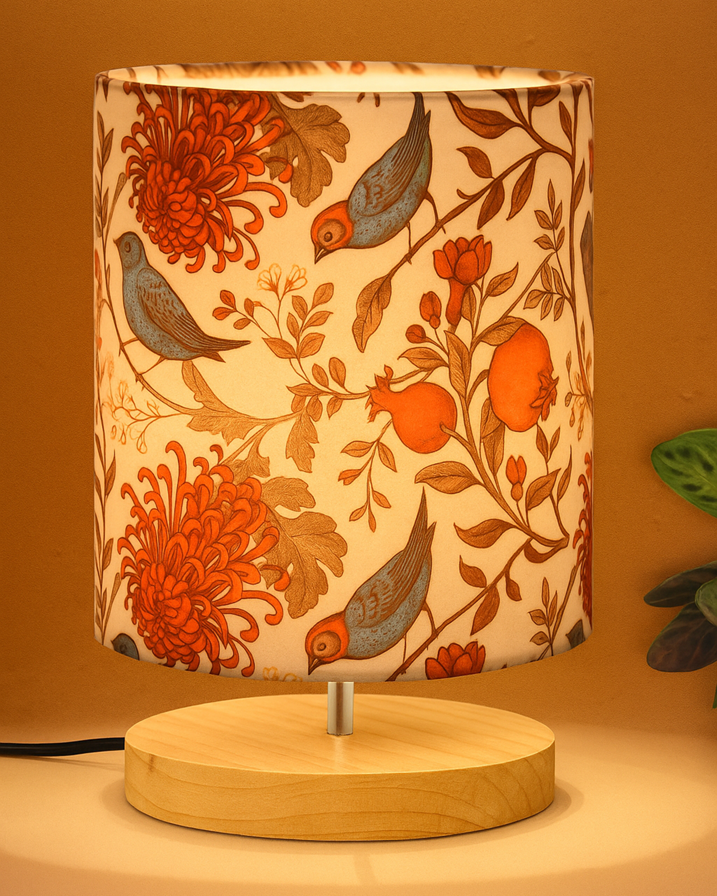 Pine Table Lamp-Wooden Bedside Lamp Simple Bedroom Light Linen Shade Mini Desk Lamp Nightstand Lamp for Bedroom,Living Room,Gift, Bird Cylinder