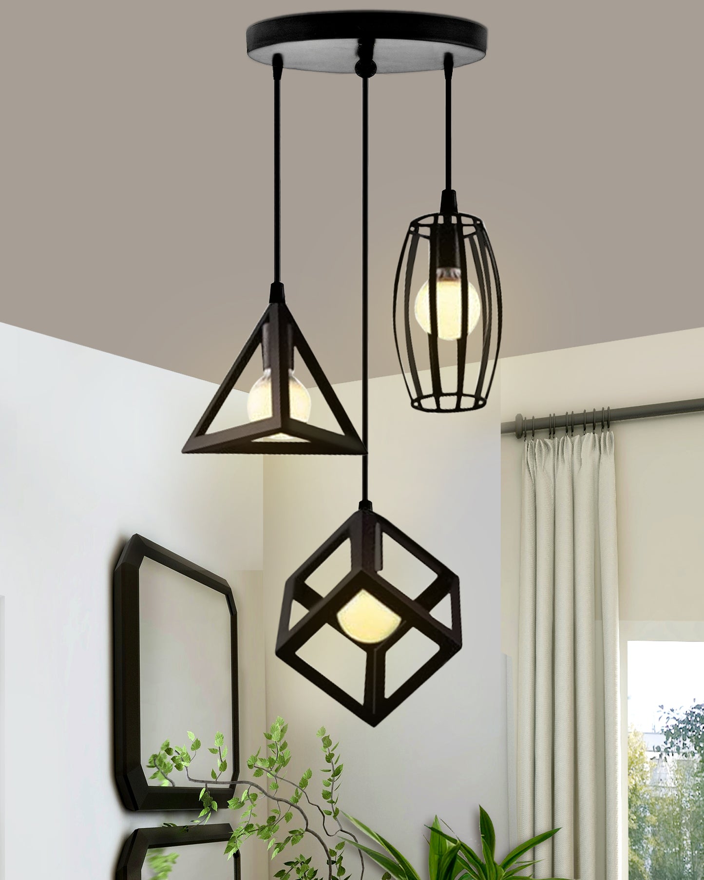 Chandelier Pendant Light, Retro Industrial Style Nordic Iron Hanging Ceiling Creative Bar Counter Decoration Restaurant Black Lighting, Cube, Triangle, Oval